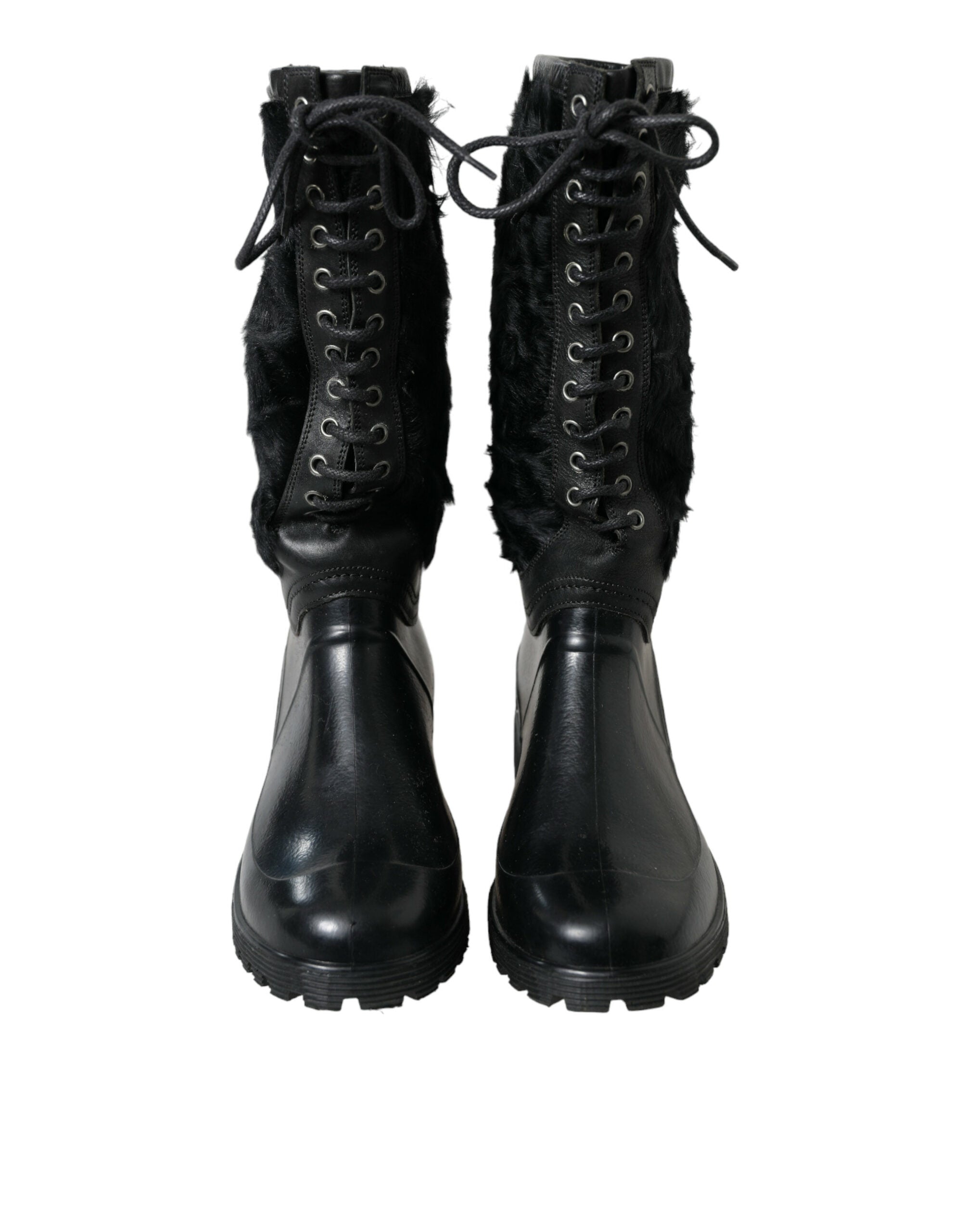 Botas de lluvia de piel de oveja con cordones de goma negros de Dolce & Gabbana-2