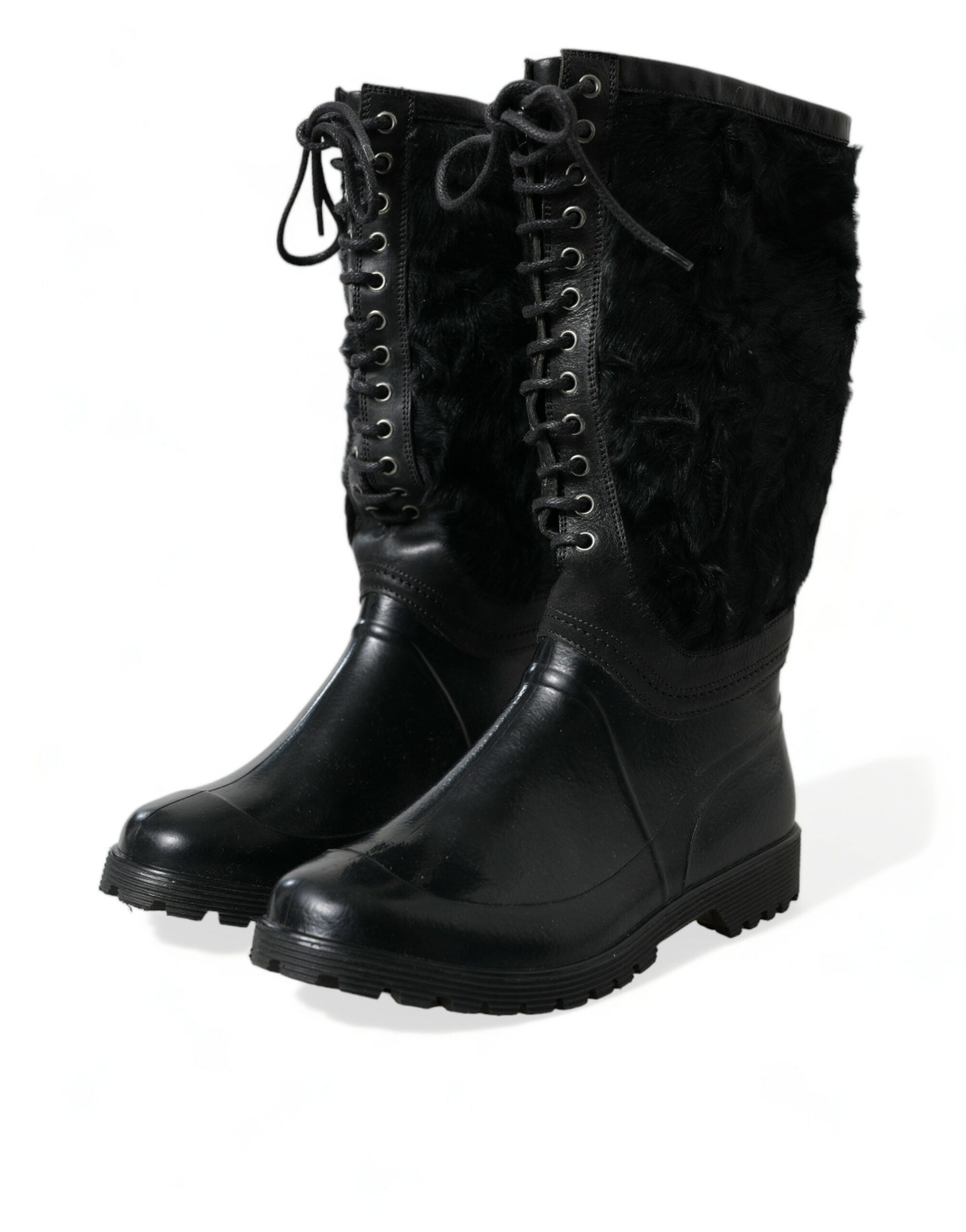 Botas de lluvia de piel de oveja con cordones de goma negros de Dolce & Gabbana-3