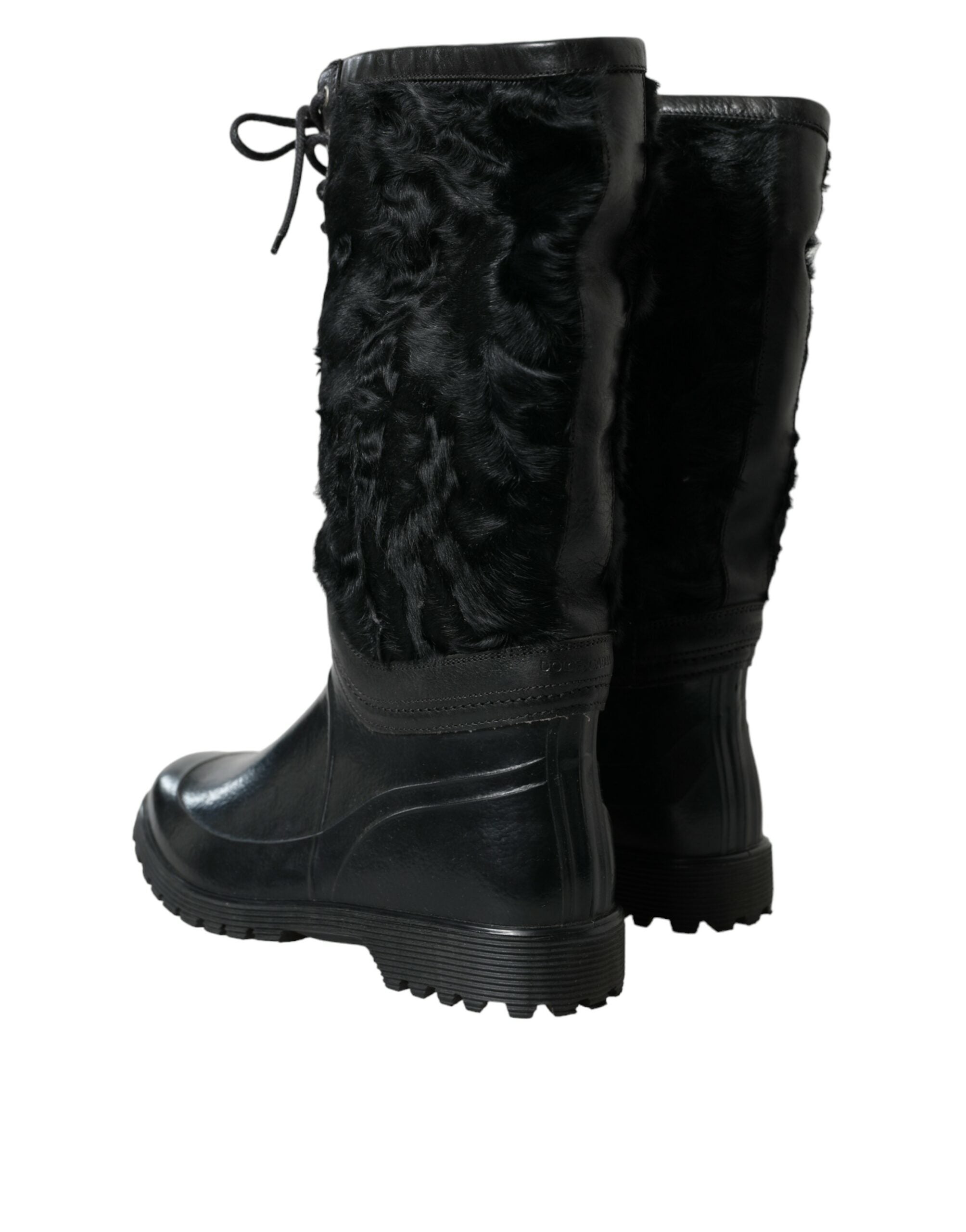 Botas de lluvia de piel de oveja con cordones de goma negros de Dolce & Gabbana-4