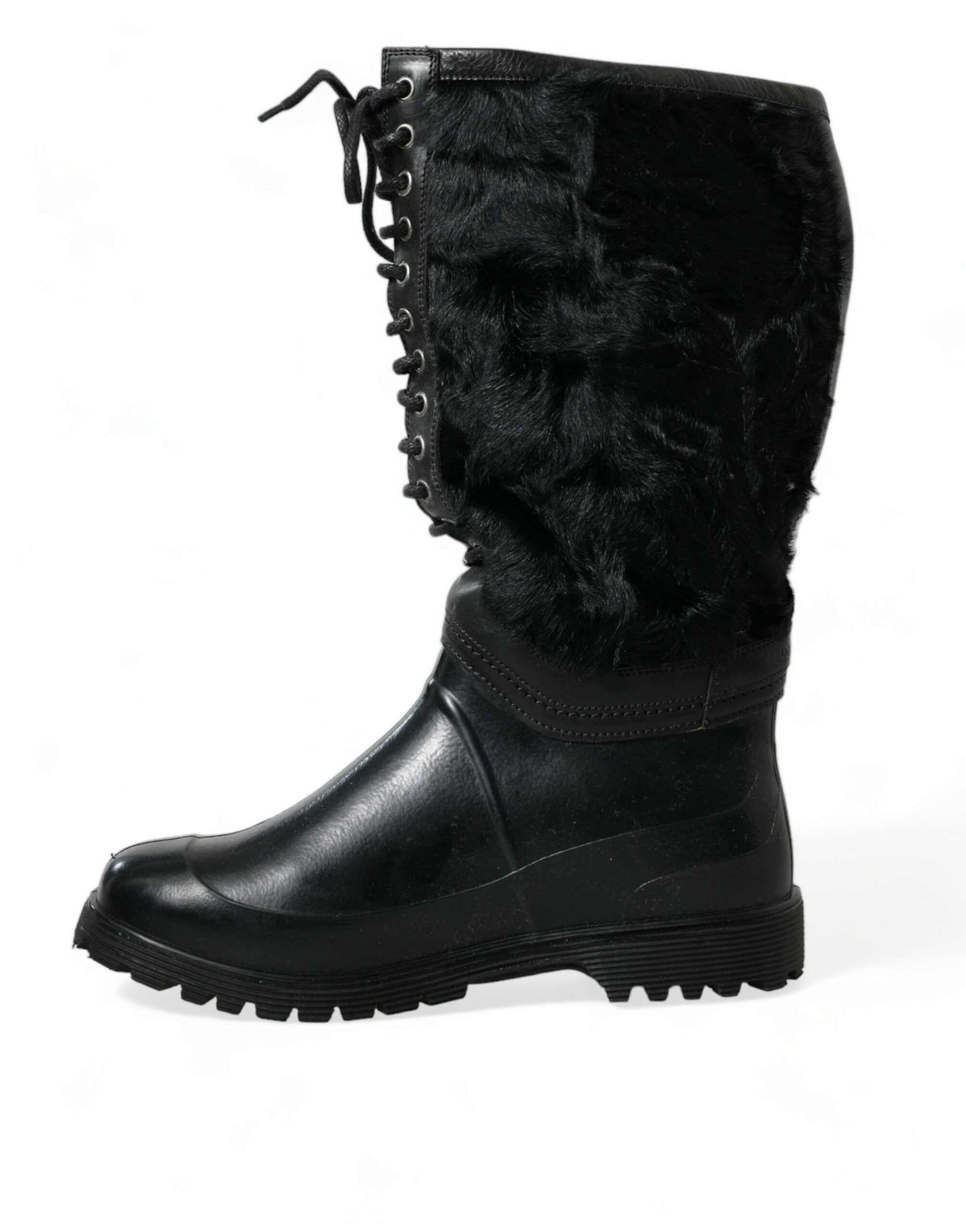Botas de lluvia de piel de oveja con cordones de goma negros de Dolce & Gabbana-5