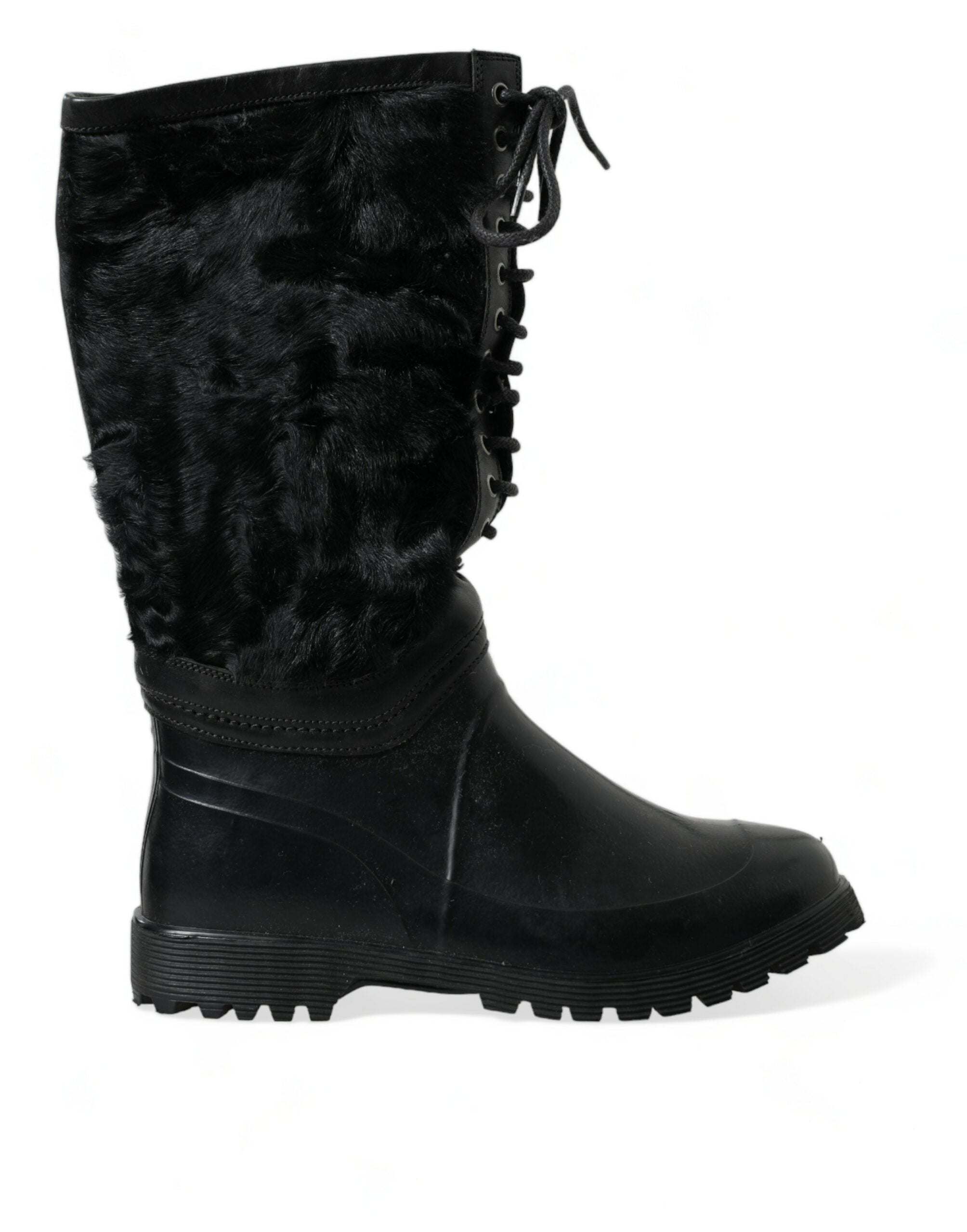 Dolce & Gabbana Black Rubber Shoelaces Shearling Rain Boots Shoes