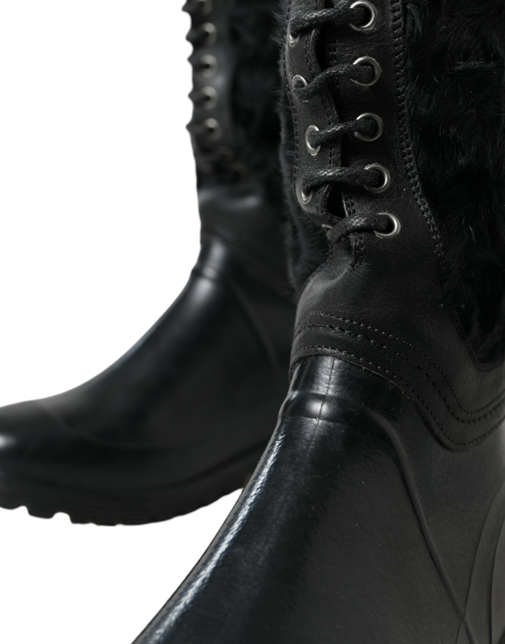 Botas de lluvia de piel de oveja con cordones de goma negros de Dolce & Gabbana-7
