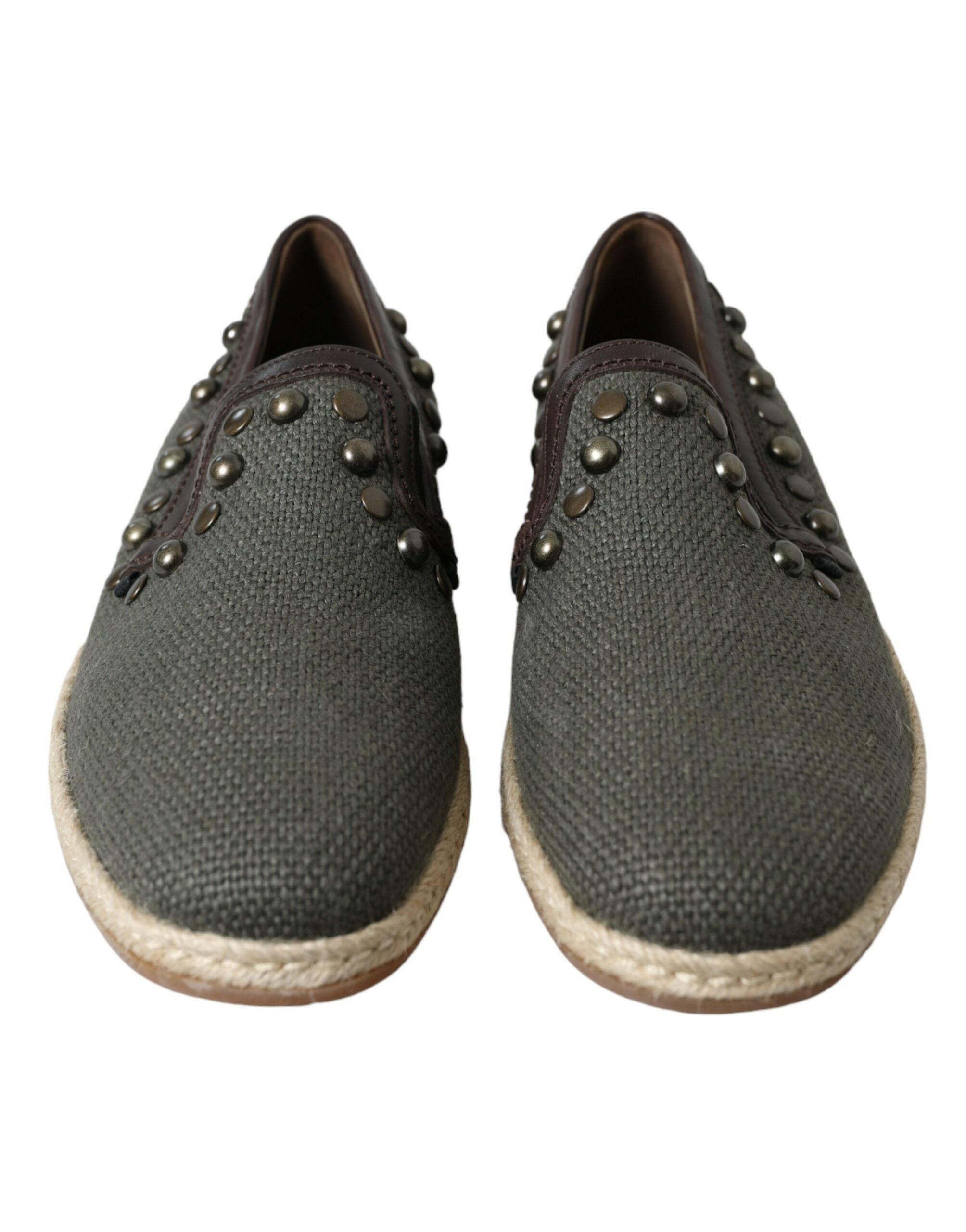 Dolce & Gabbana Grey Linen Leather Studded Loafers Shoes-2