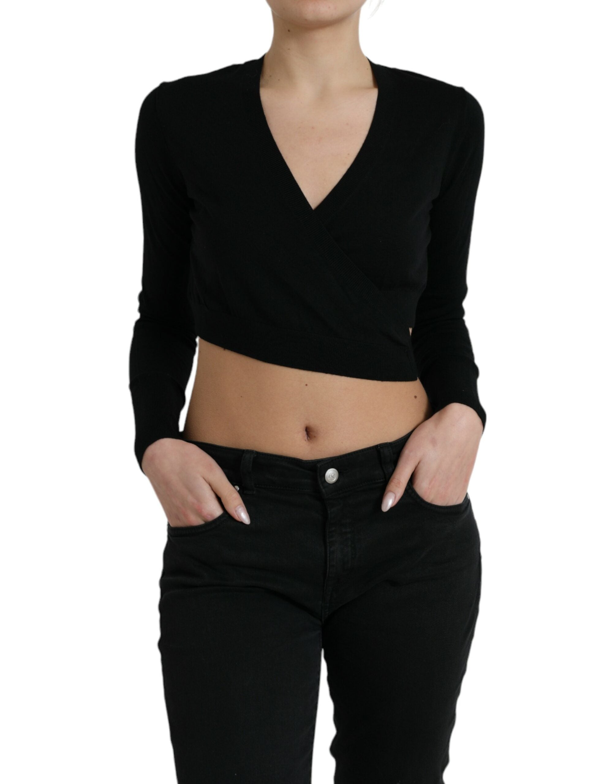 Dolce & Gabbana black wool sweater with V-neck and crossed collar-1