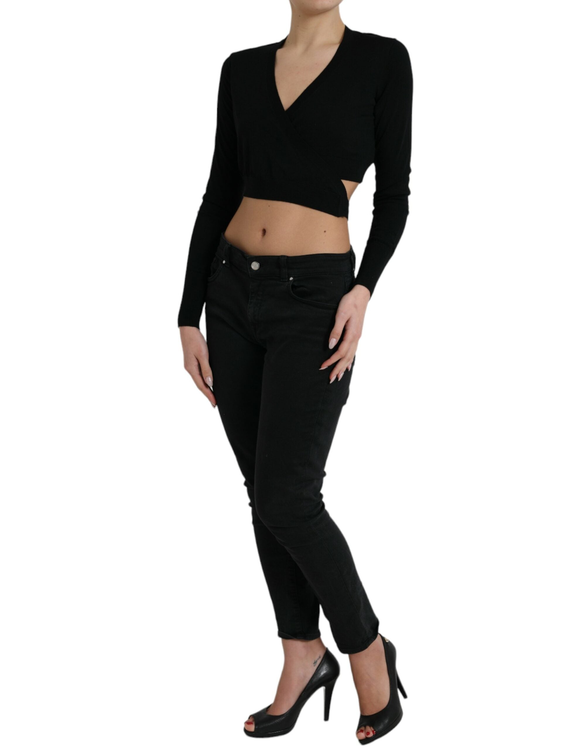 Dolce & Gabbana black wool sweater with V-neck and crossed collar-2