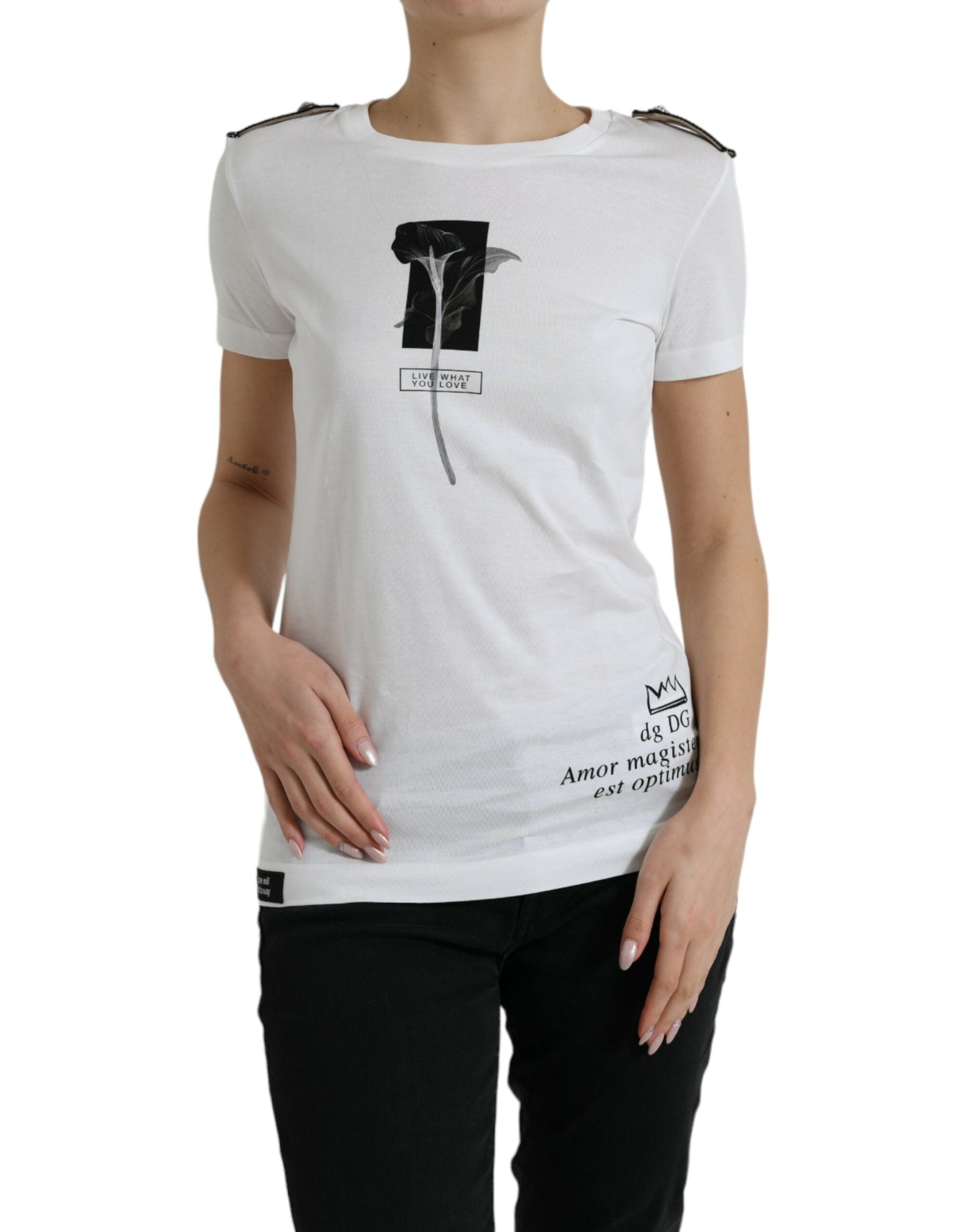 Camiseta de algodón con cuello redondo y rosas blancas y negras de Dolce & Gabbana-1