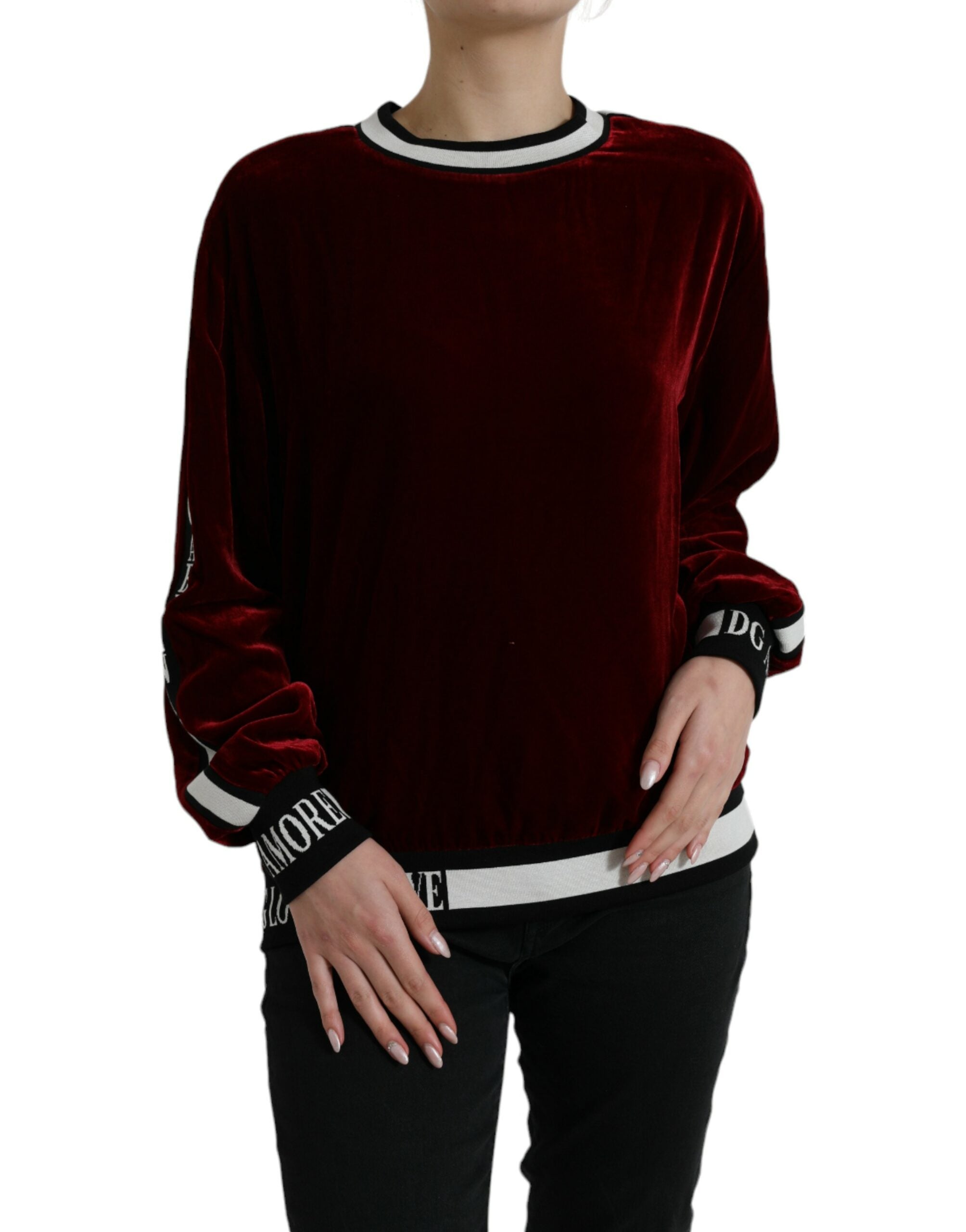 Dolce & Gabbana Bordeauxfarbener Samt-Rundhals-Pullover-1