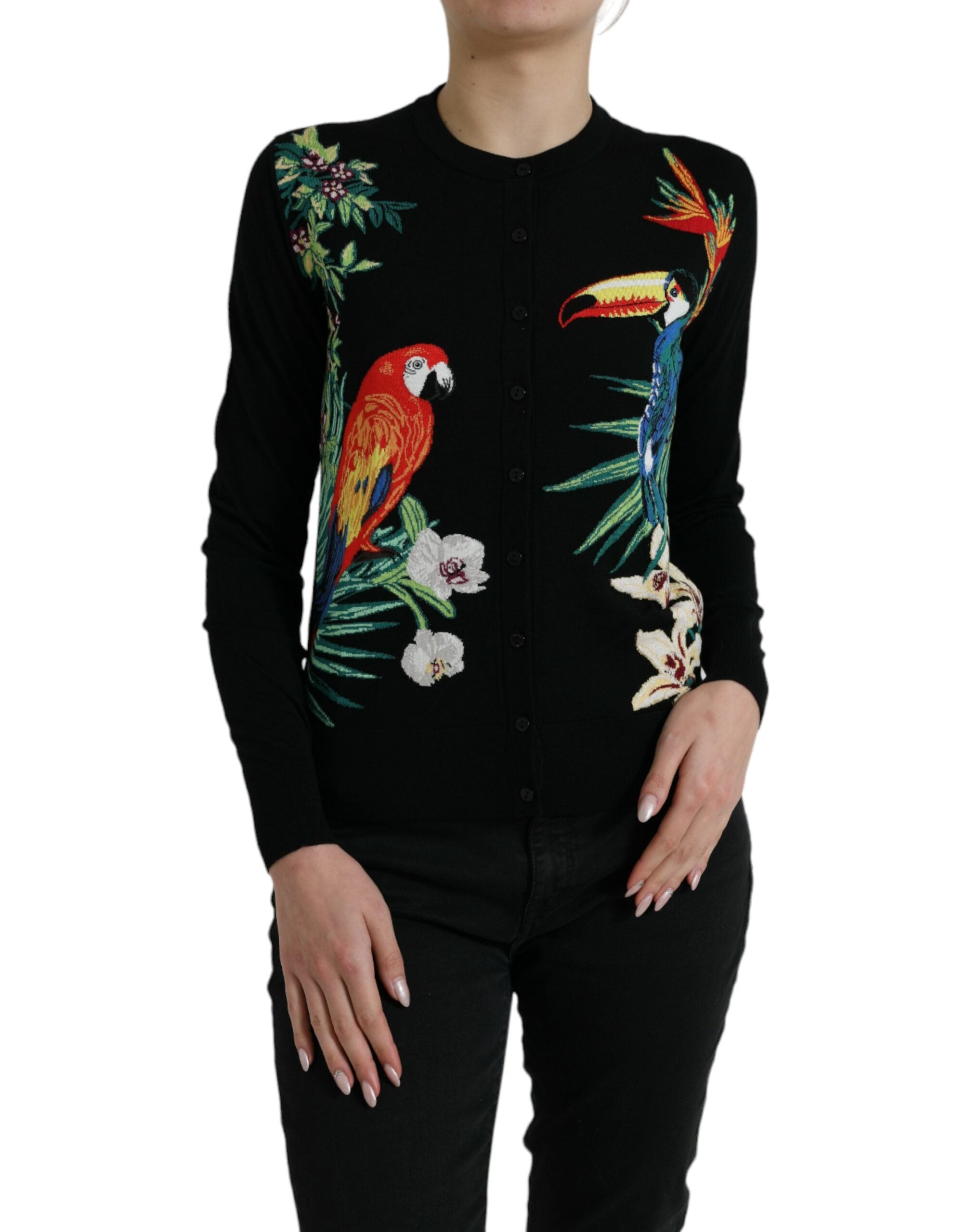 Dolce & Gabbana Black Bird Wool Long Sleeve Cardigan Sweater-1
