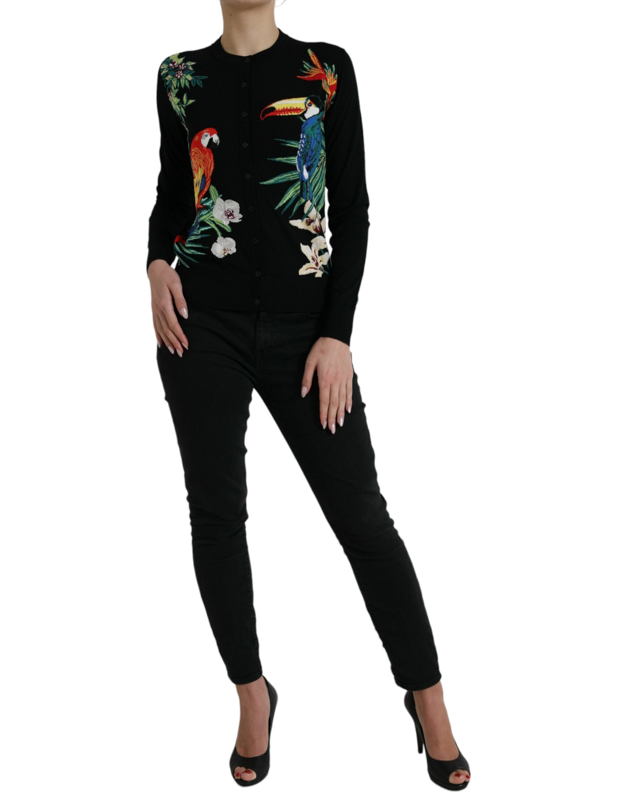 Dolce & Gabbana Black Bird Wool Long Sleeve Cardigan Sweater-2