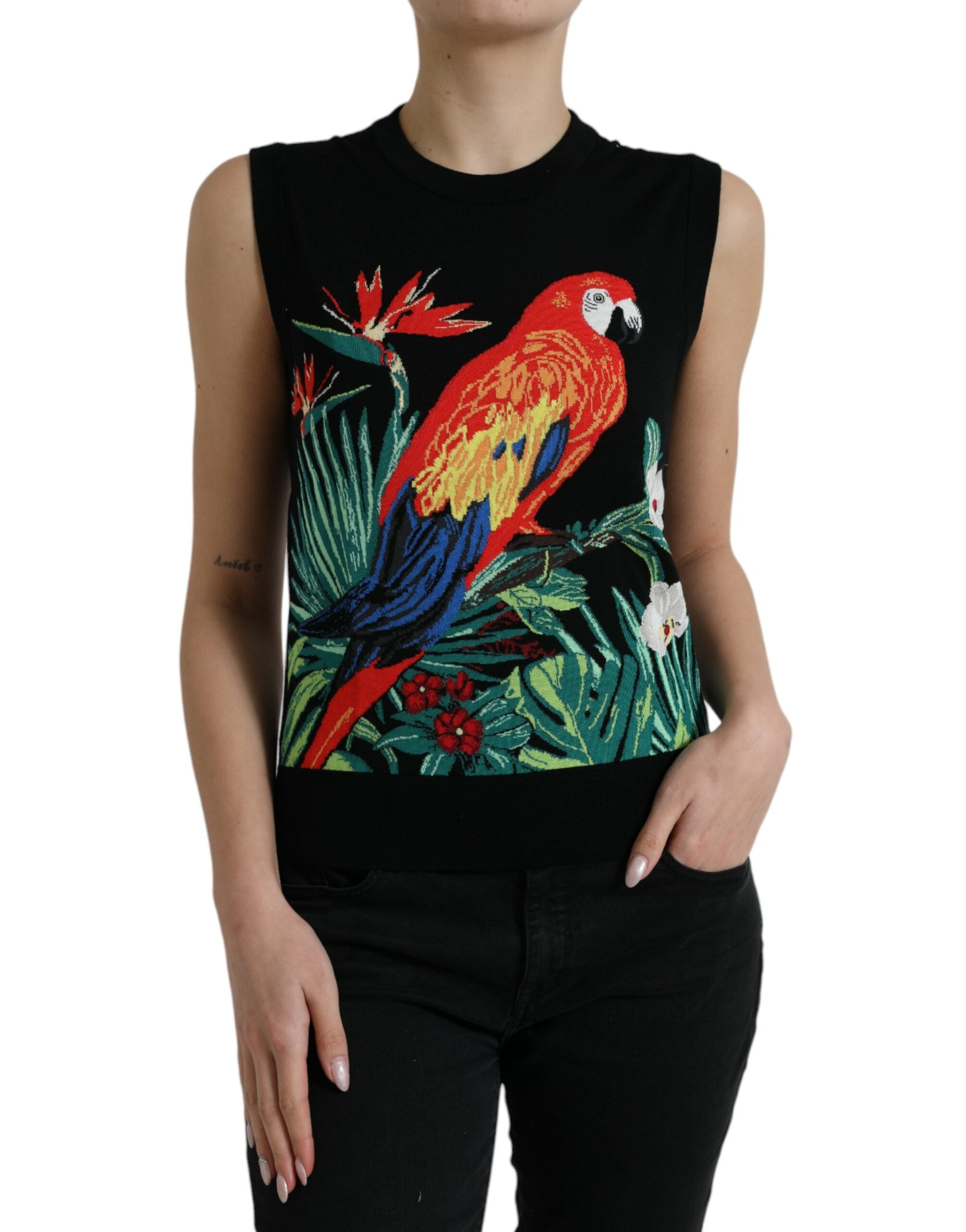 Camiseta sin mangas con cuello redondo y estampado de jungla negra de Dolce & Gabbana-1