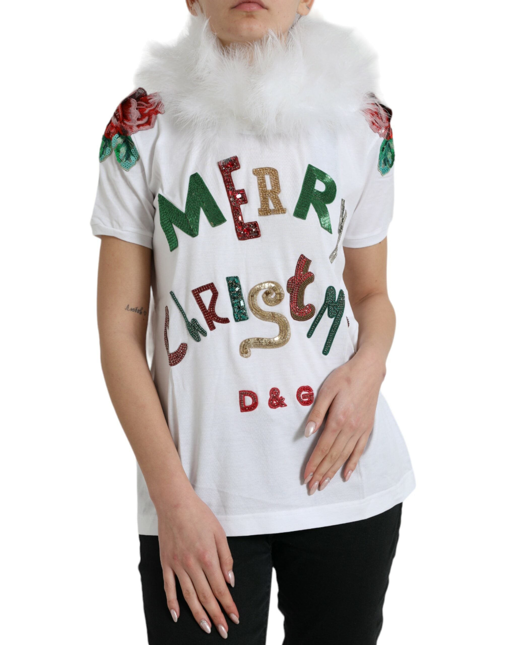 Dolce & Gabbana White Cotton Christmas T-Shirt with Sequin Fur-1