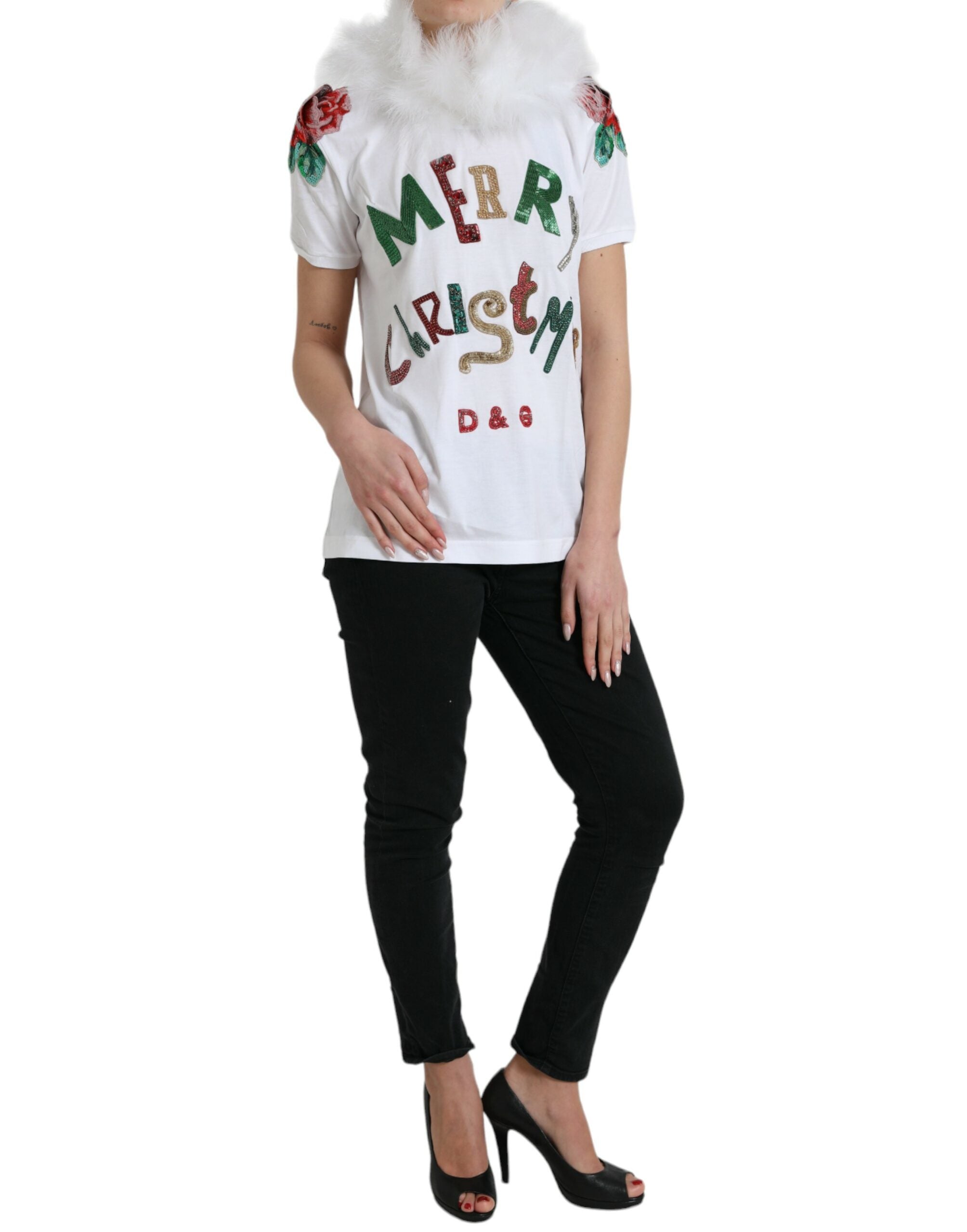 Dolce & Gabbana White Cotton Christmas T-Shirt with Sequin Fur-2
