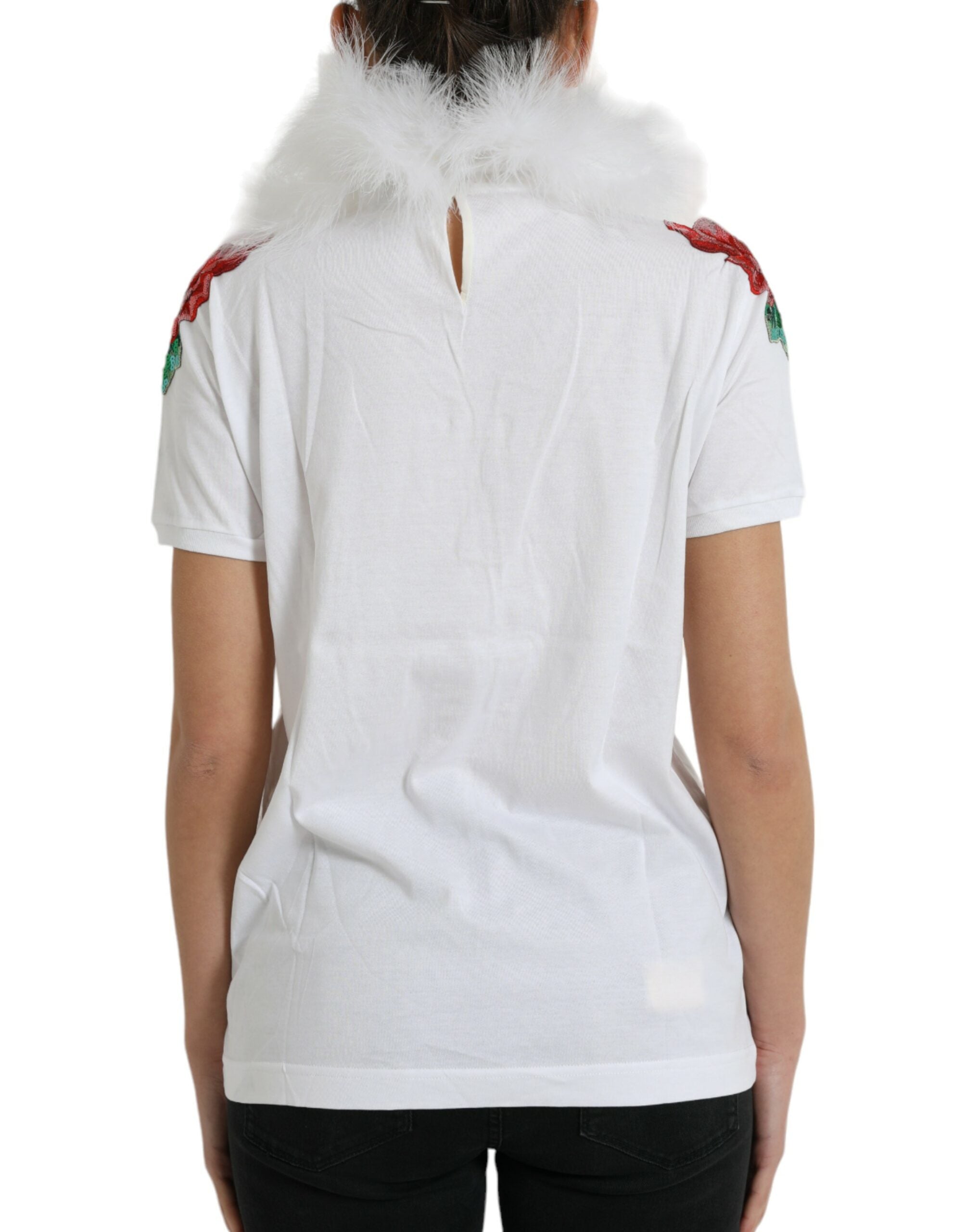 Dolce & Gabbana White Cotton Christmas T-Shirt with Sequin Fur-3