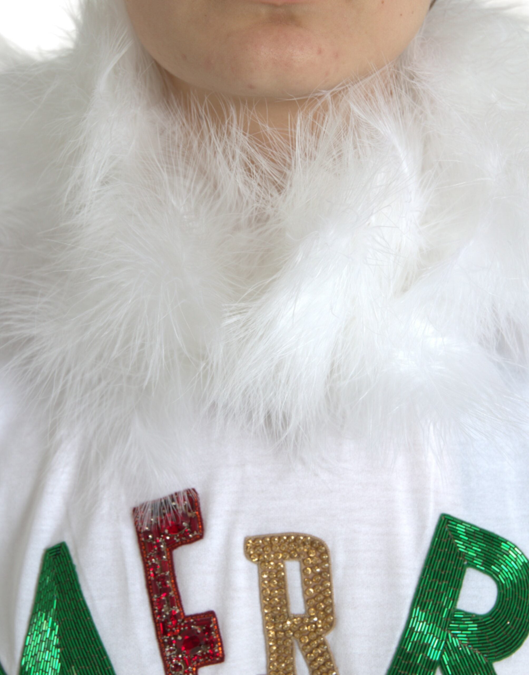 Dolce & Gabbana White Cotton Christmas T-Shirt with Sequin Fur-4