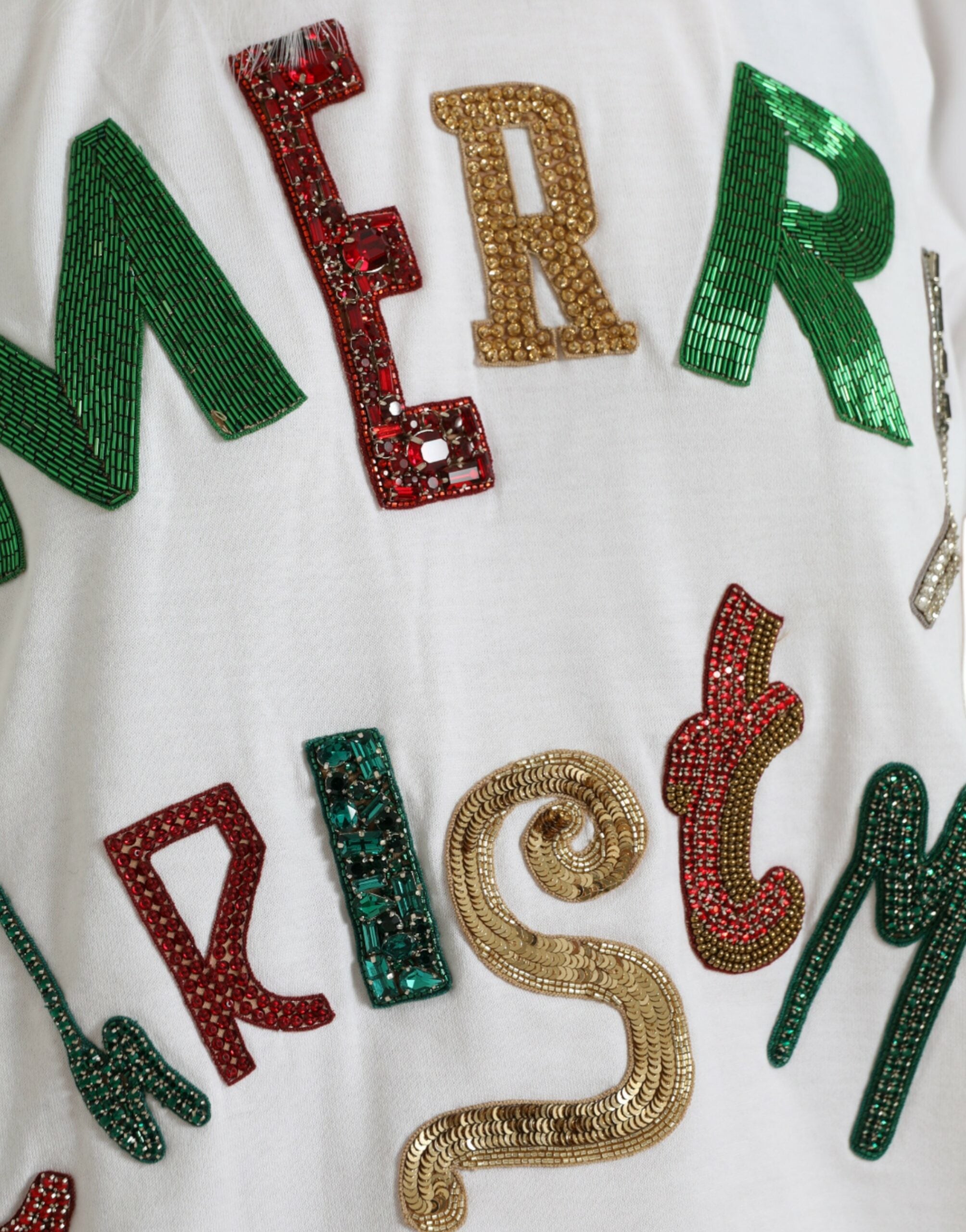 Dolce & Gabbana White Cotton Christmas T-Shirt with Sequin Fur-5