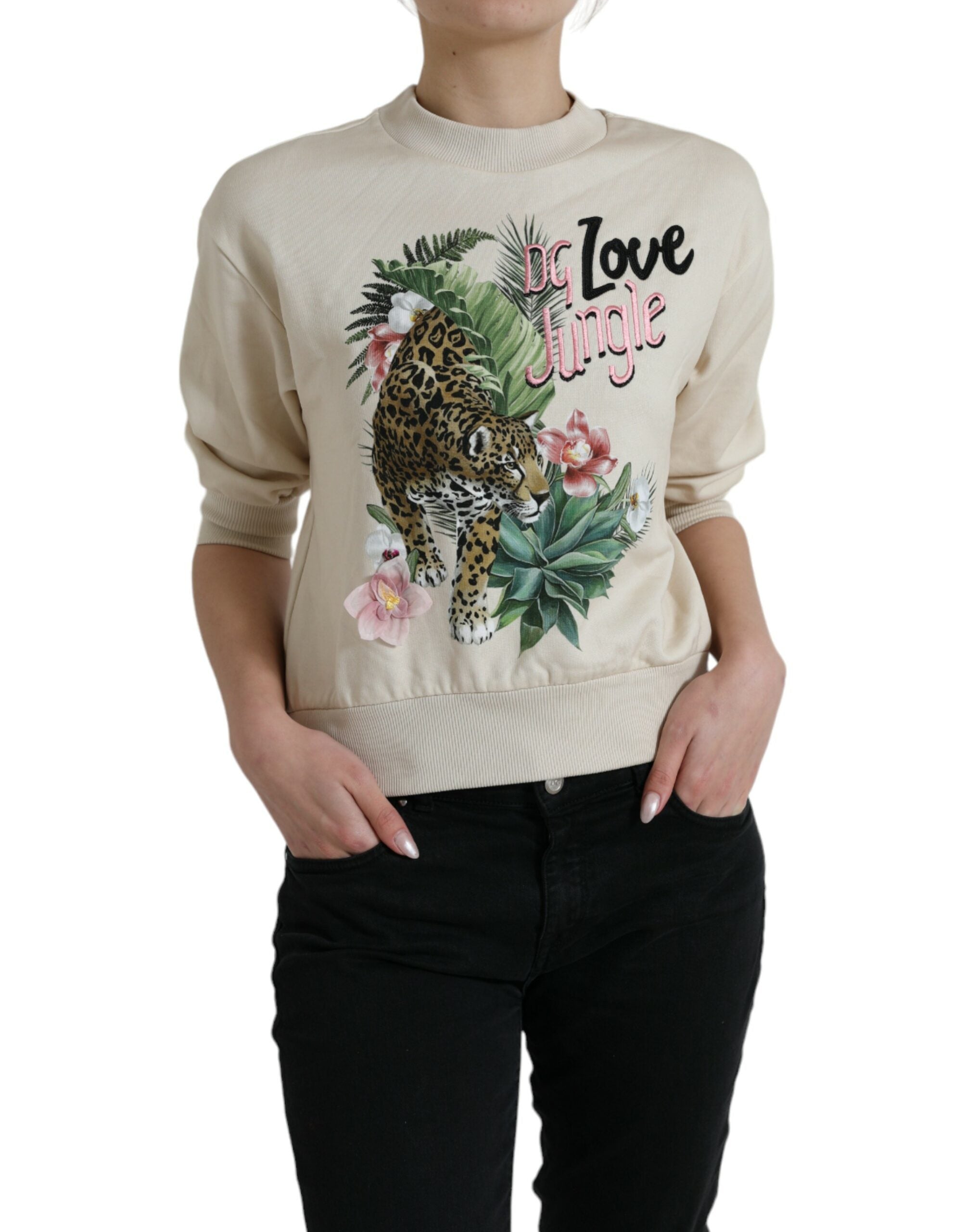 Dolce & Gabbana beige printed cotton sweater with jungle pattern-1