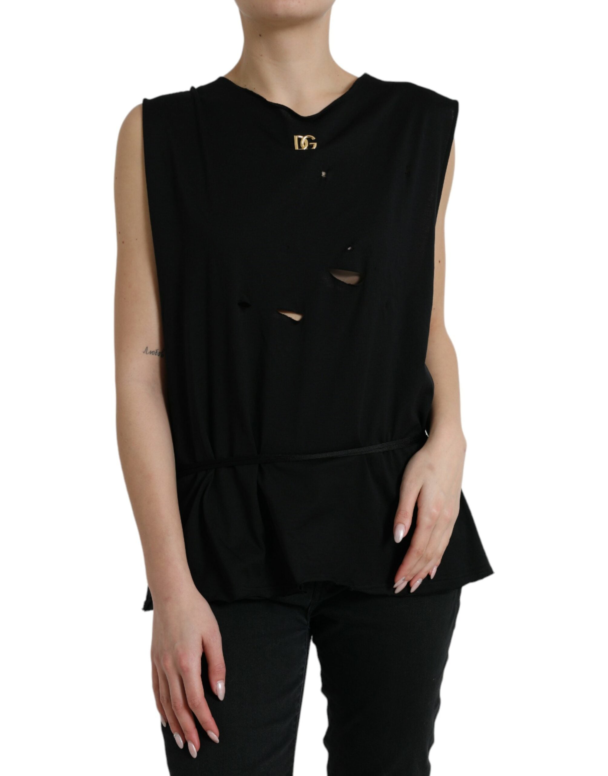 Top de cuello redondo con logo de encaje de algodón negro de Dolce & Gabbana-1