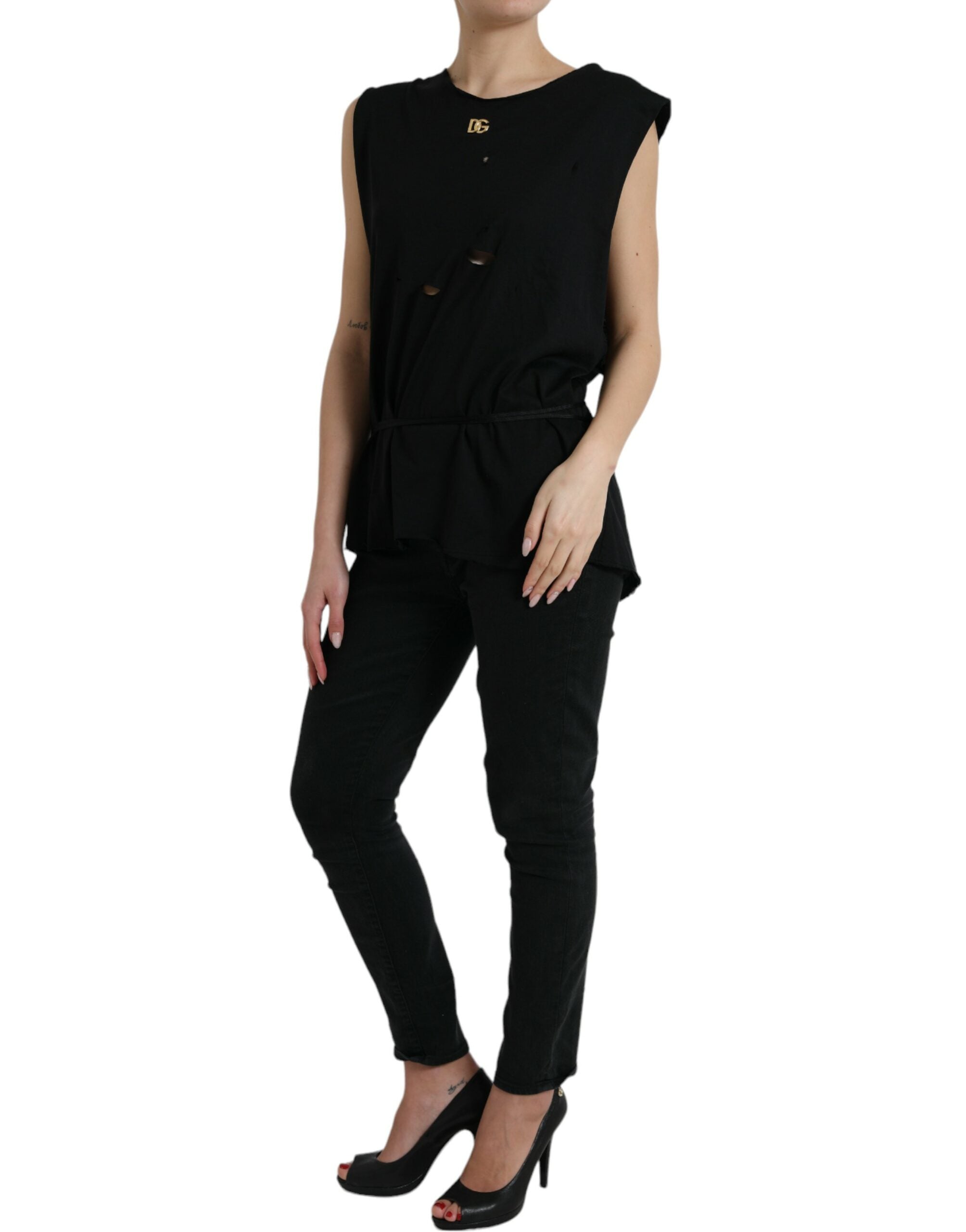Top de cuello redondo con logo de encaje de algodón negro de Dolce & Gabbana-2