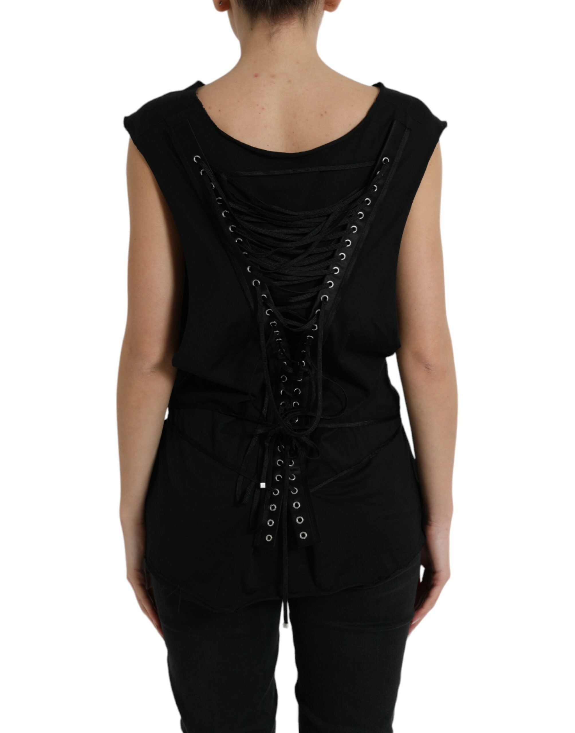 Top de cuello redondo con logo de encaje de algodón negro de Dolce & Gabbana-3