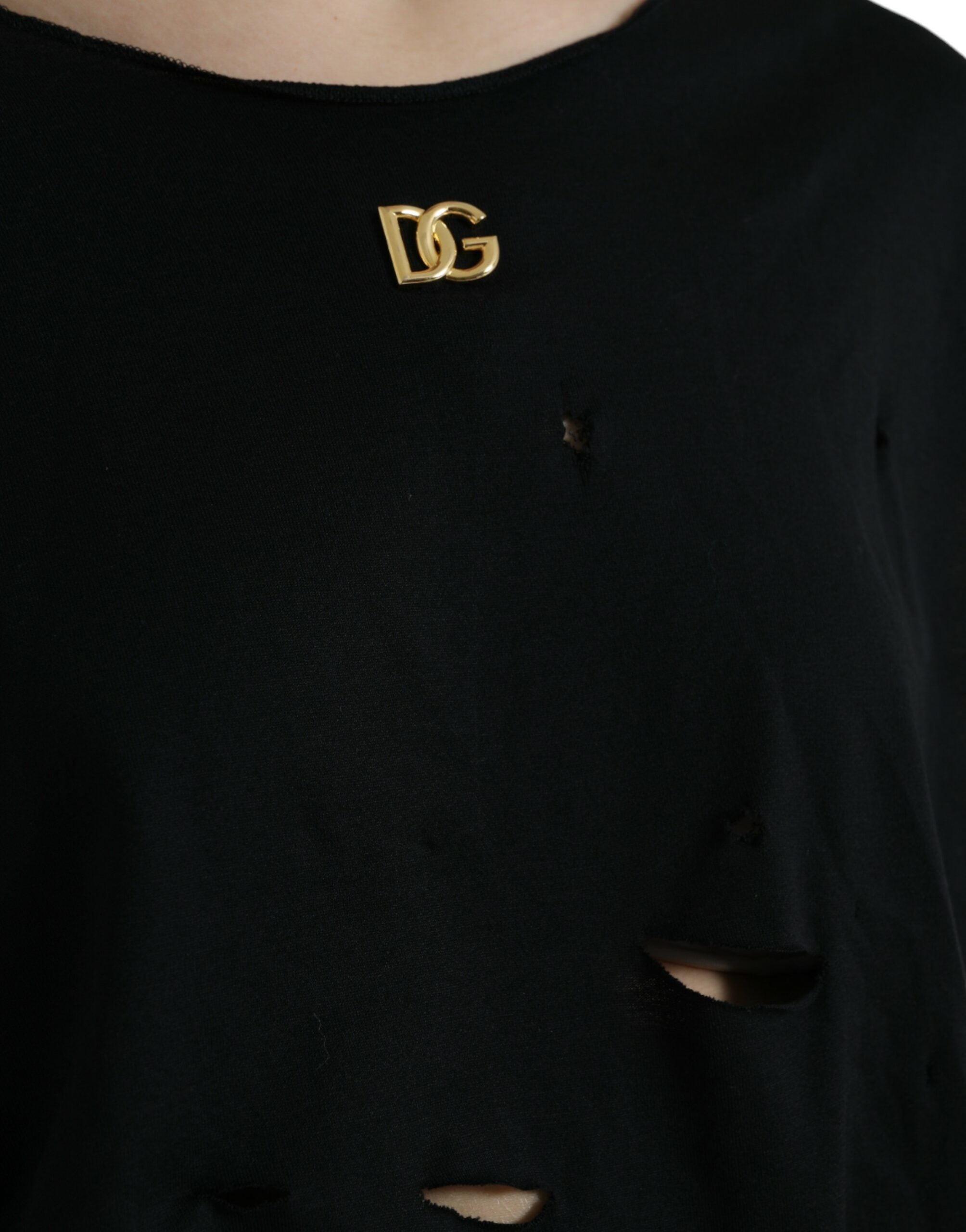Top de cuello redondo con logo de encaje de algodón negro de Dolce & Gabbana-4