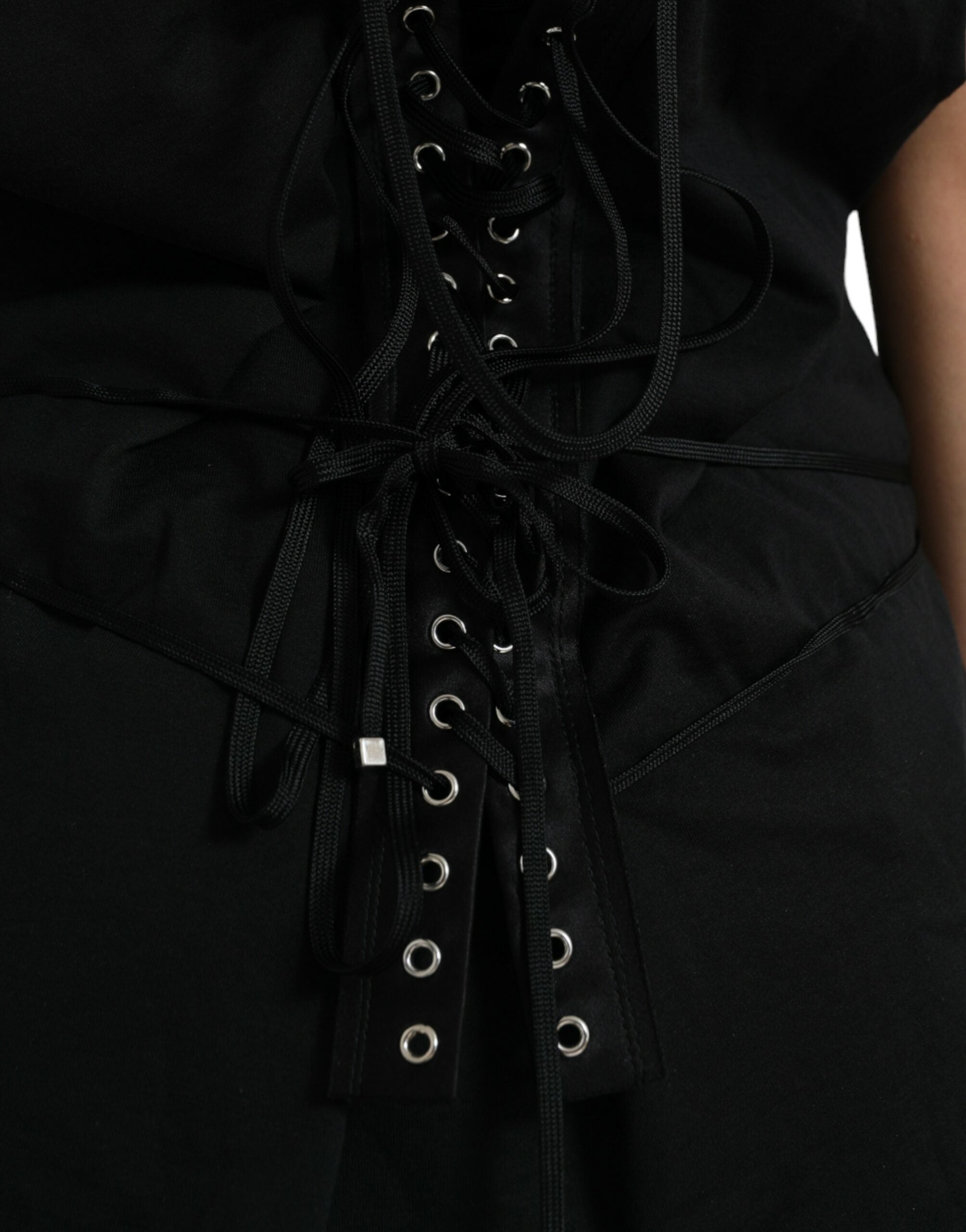 Top de cuello redondo con logo de encaje de algodón negro de Dolce & Gabbana-5