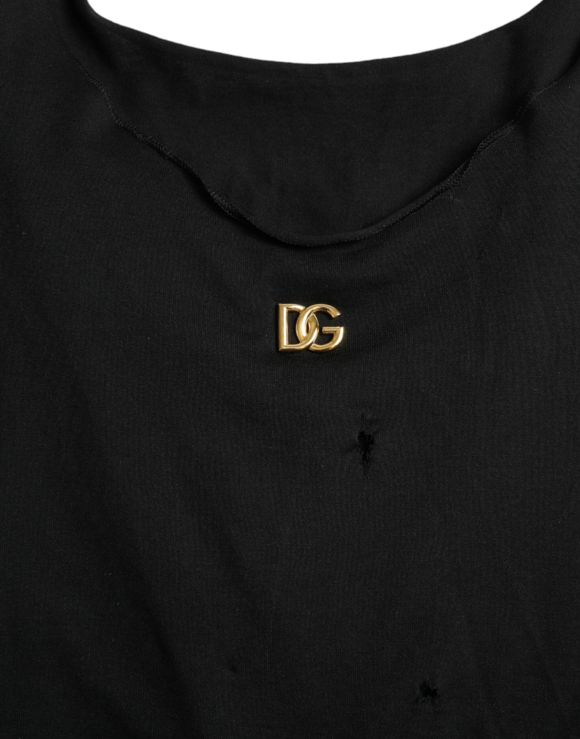 Top de cuello redondo con logo de encaje de algodón negro de Dolce & Gabbana-6
