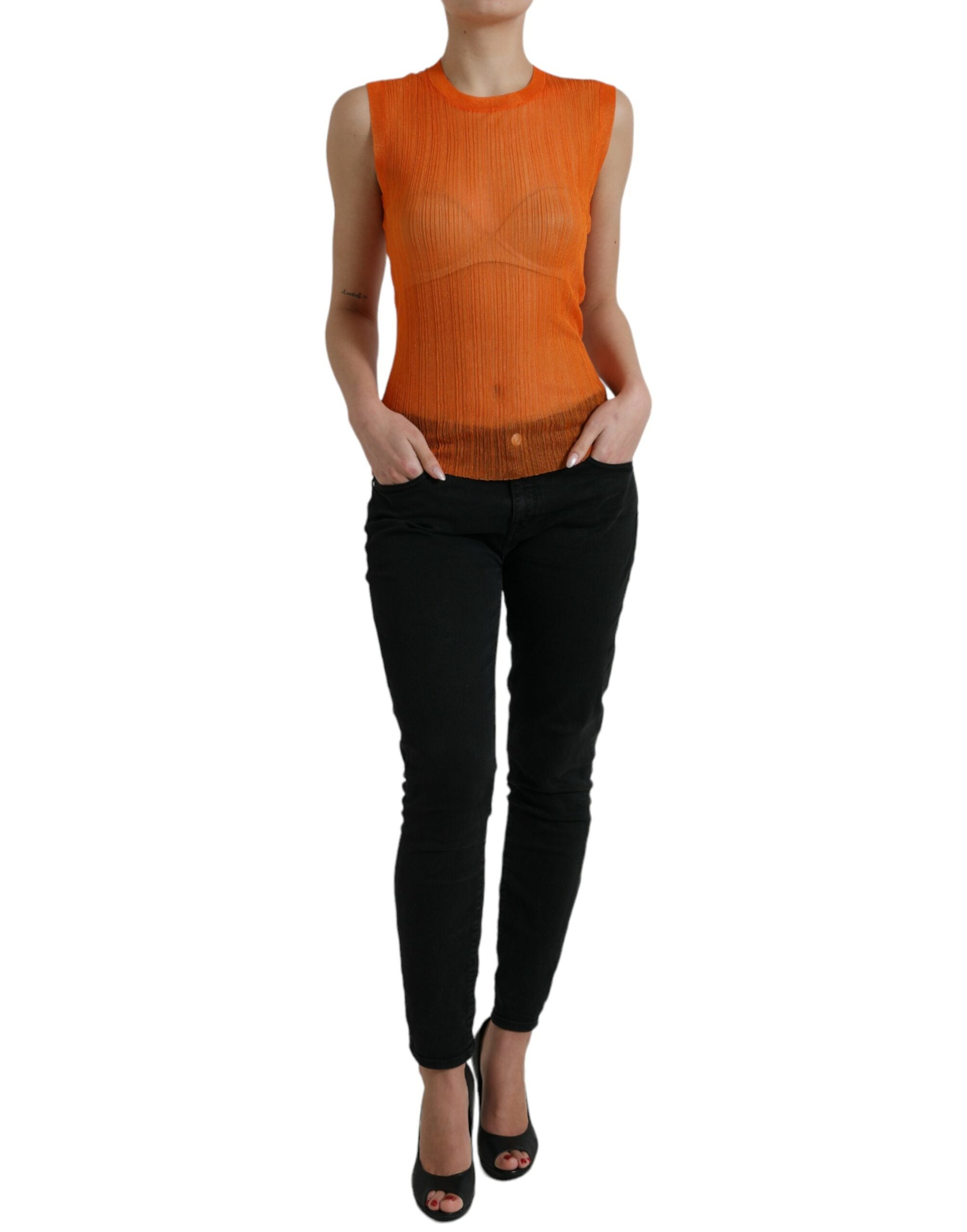 Dolce & Gabbana Orange See Through Round Neck Blouse Tank Top-3