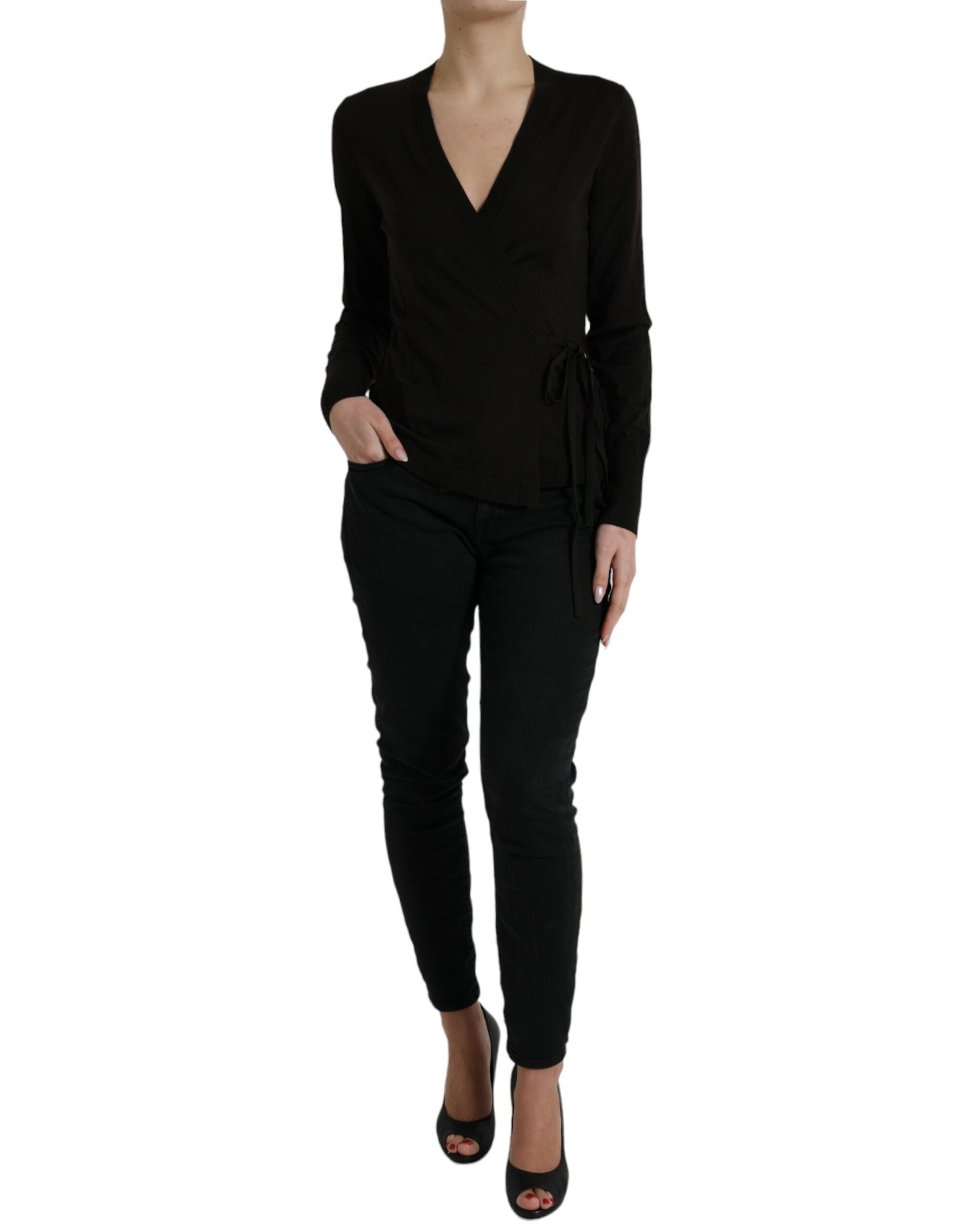Dolce & Gabbana Schwarzer Wollpullover mit V-Ausschnitt und gekreuztem Kragen-1