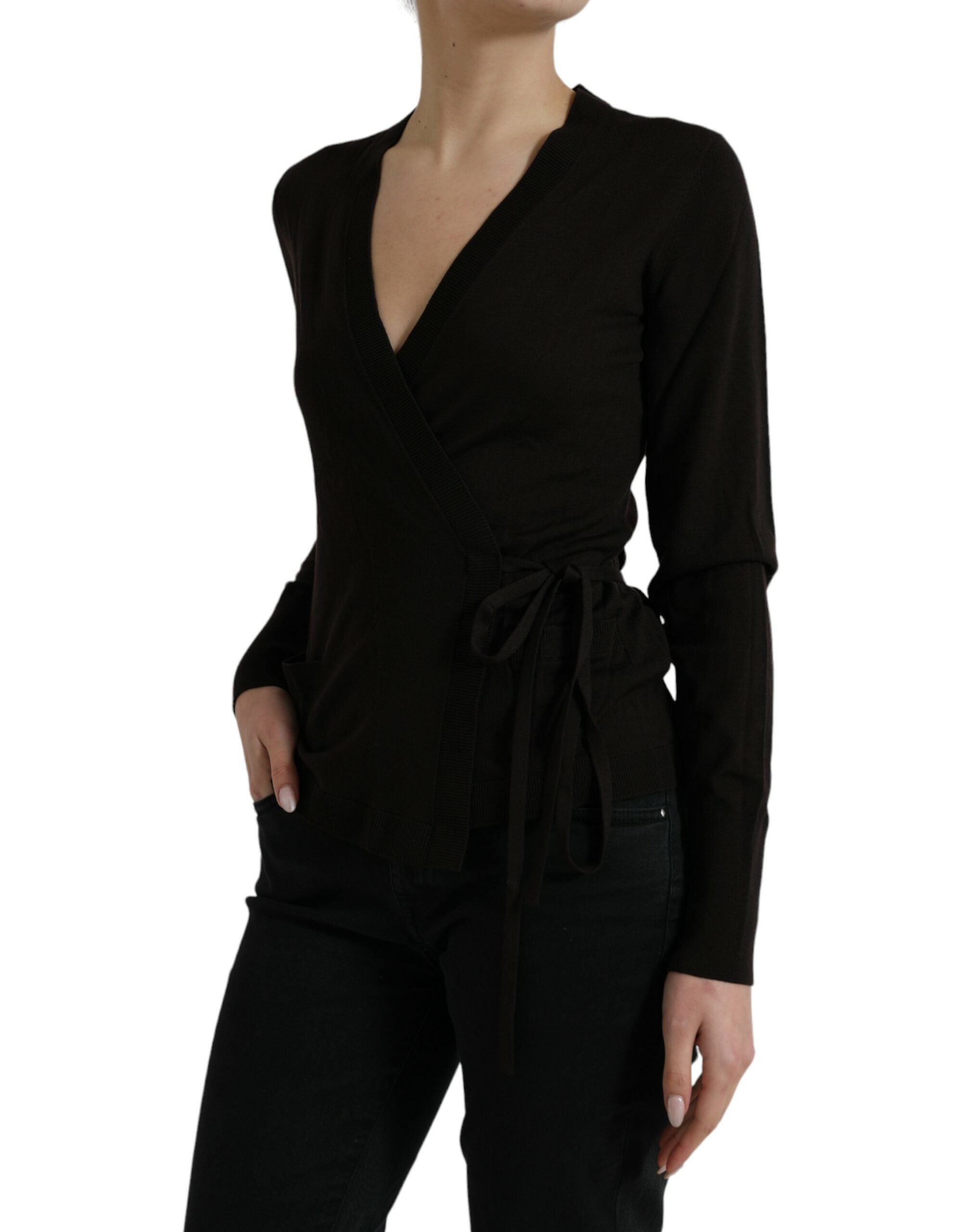 Dolce & Gabbana Schwarzer Wollpullover mit V-Ausschnitt und gekreuztem Kragen-2