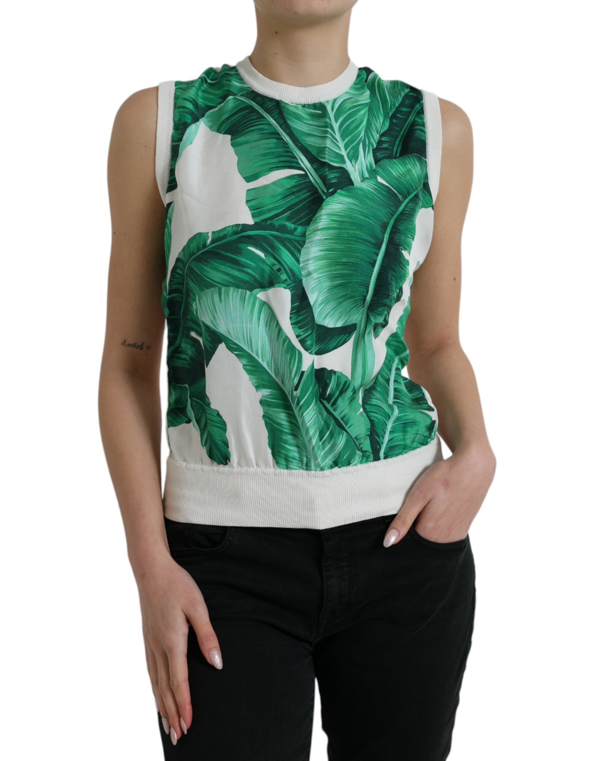 Dolce & Gabbana White Banana Leaf Print Crew Neck Tank Top-1