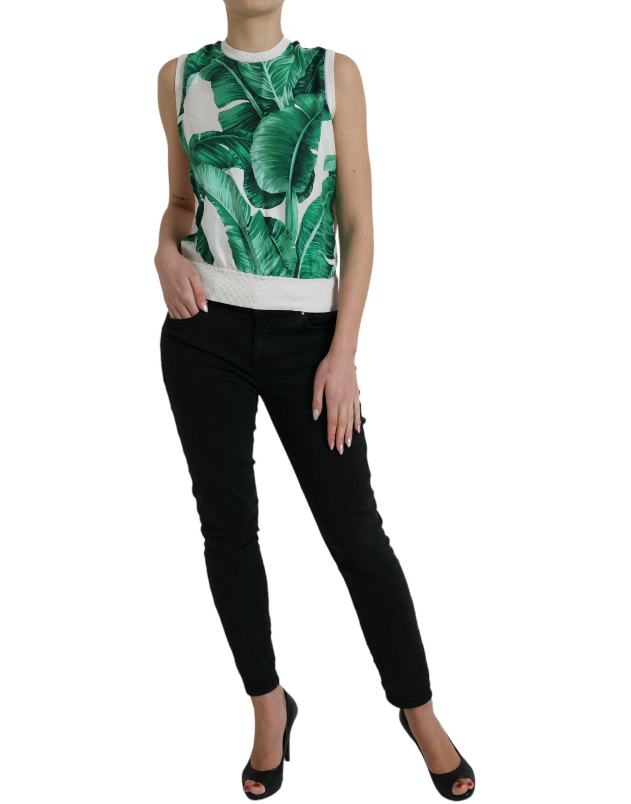 Dolce & Gabbana White Banana Leaf Print Crew Neck Tank Top-2