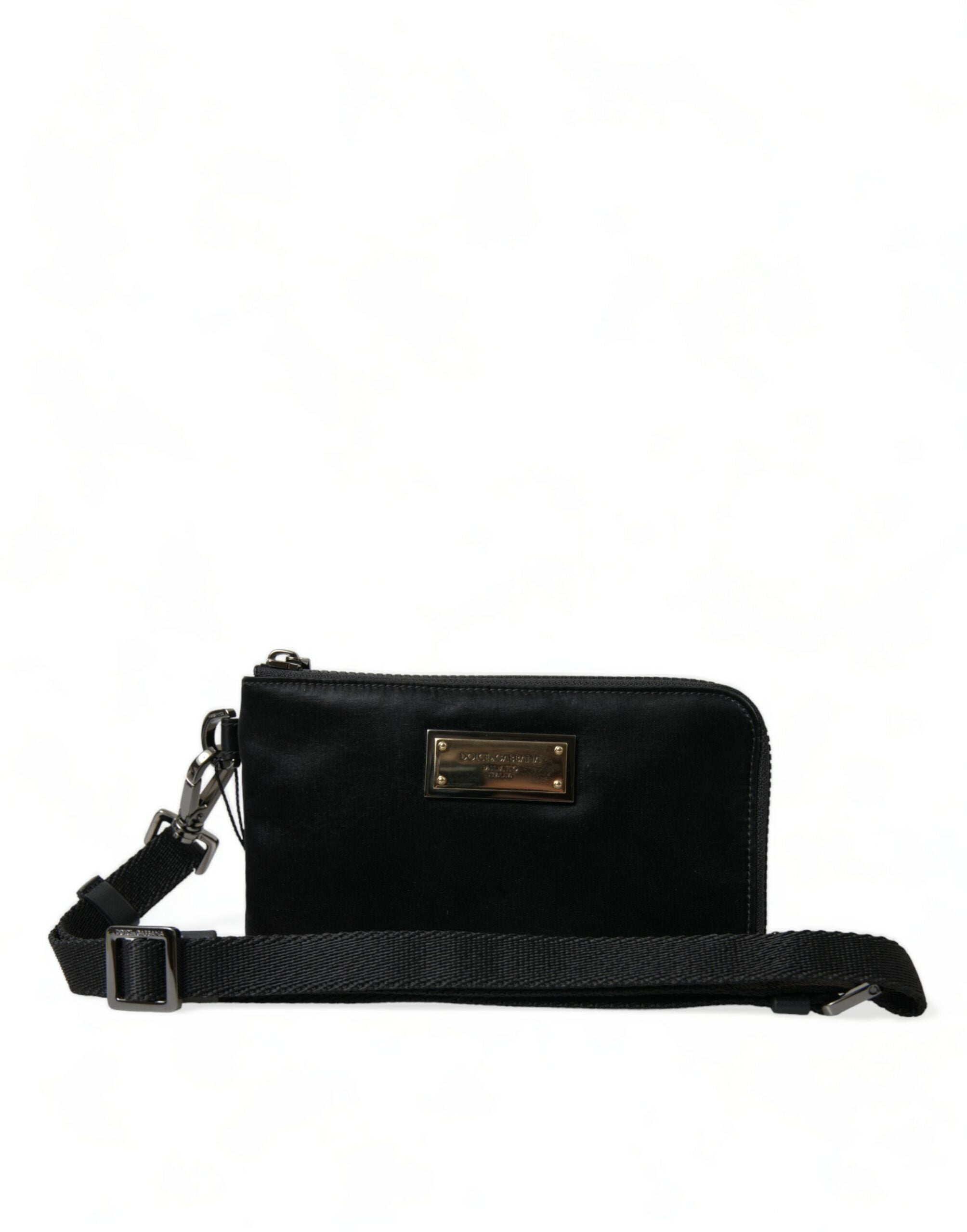 Bolso de mano con llavero y placa del logotipo de nailon negro de Dolce & Gabbana-1