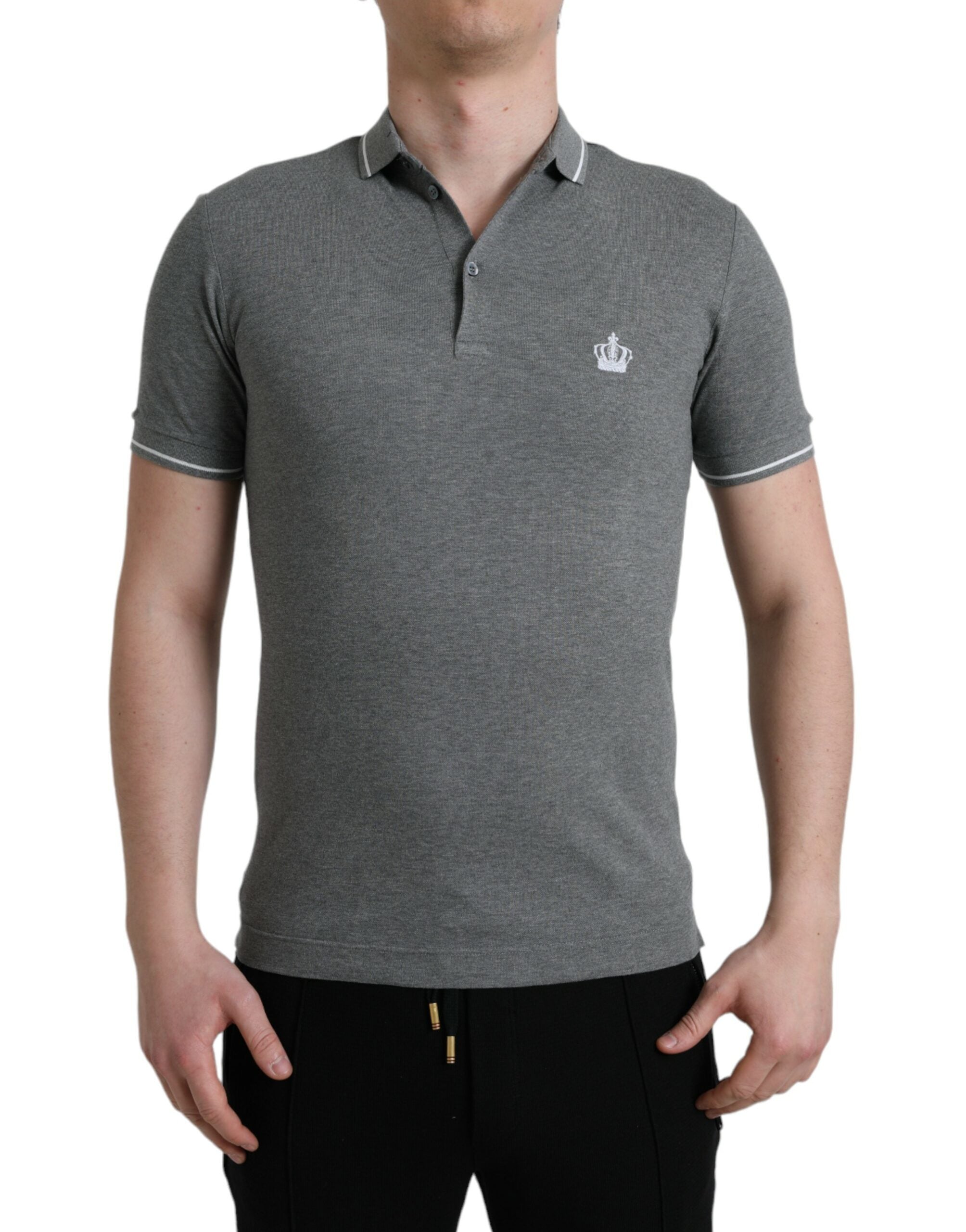 Dolce & Gabbana Grey Short Sleeve T-Shirt with Collar and Crown