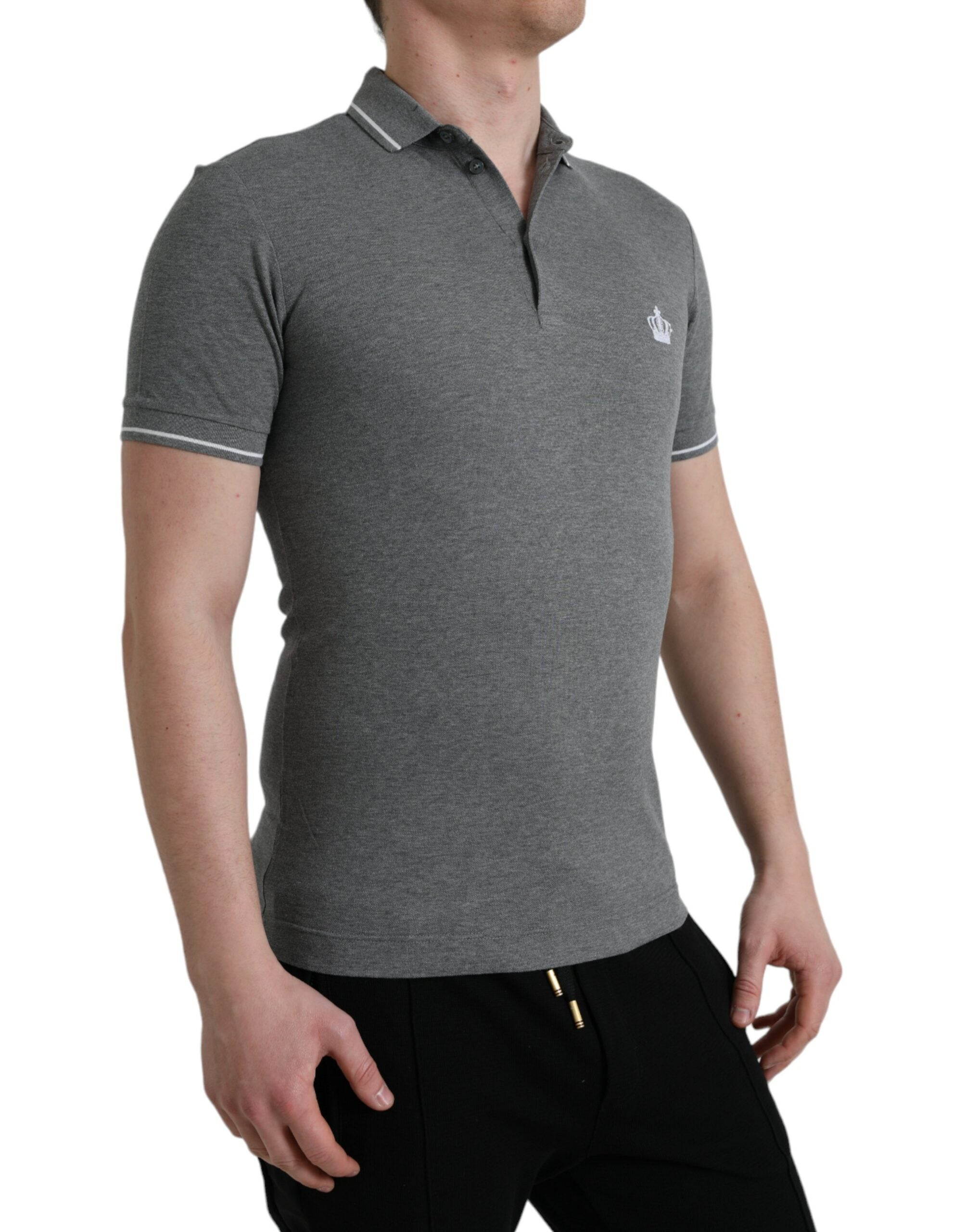 Dolce & Gabbana Grey Short Sleeve T-Shirt with Collar and Crown-2