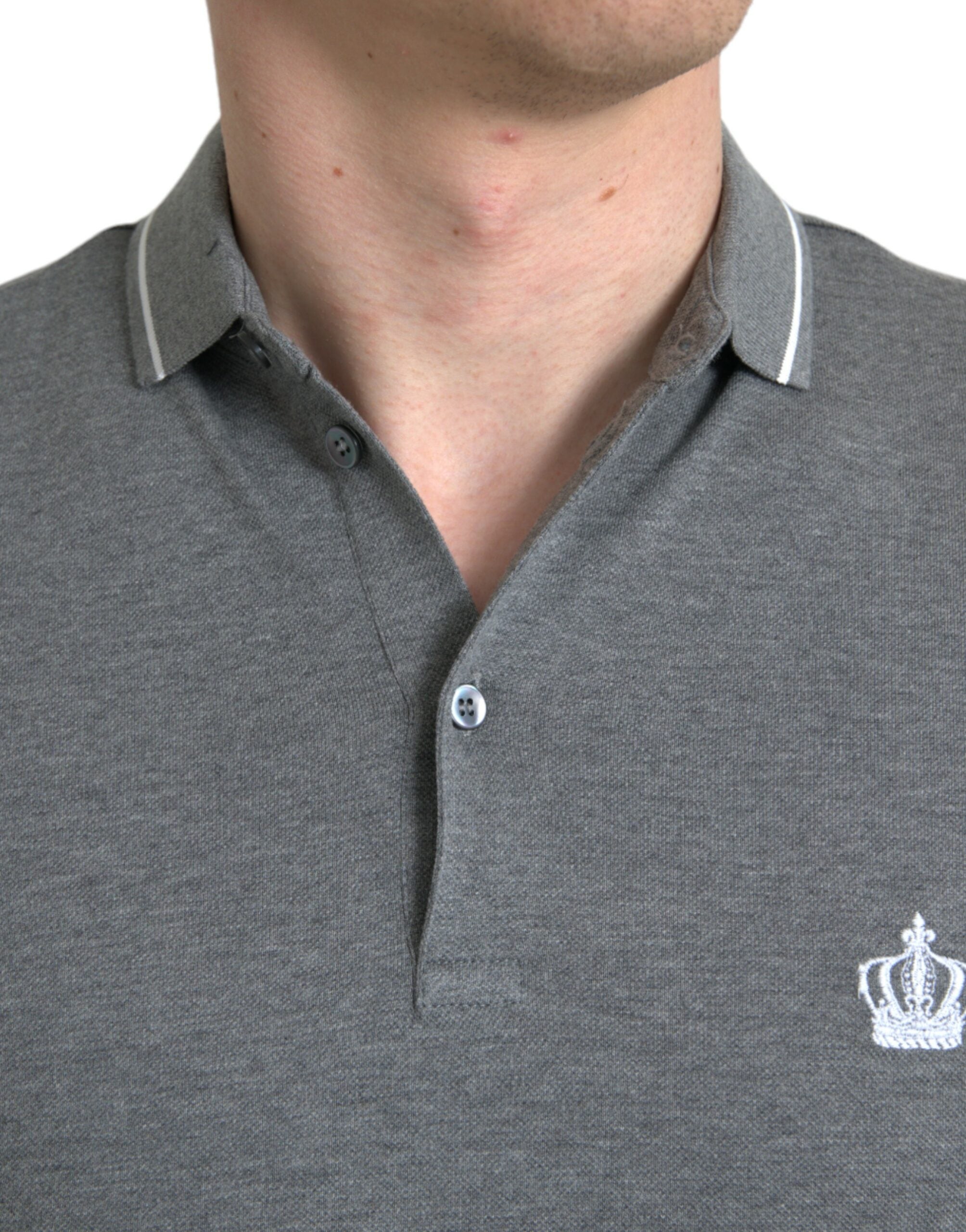 Dolce & Gabbana Grey Short Sleeve T-Shirt with Collar and Crown-4