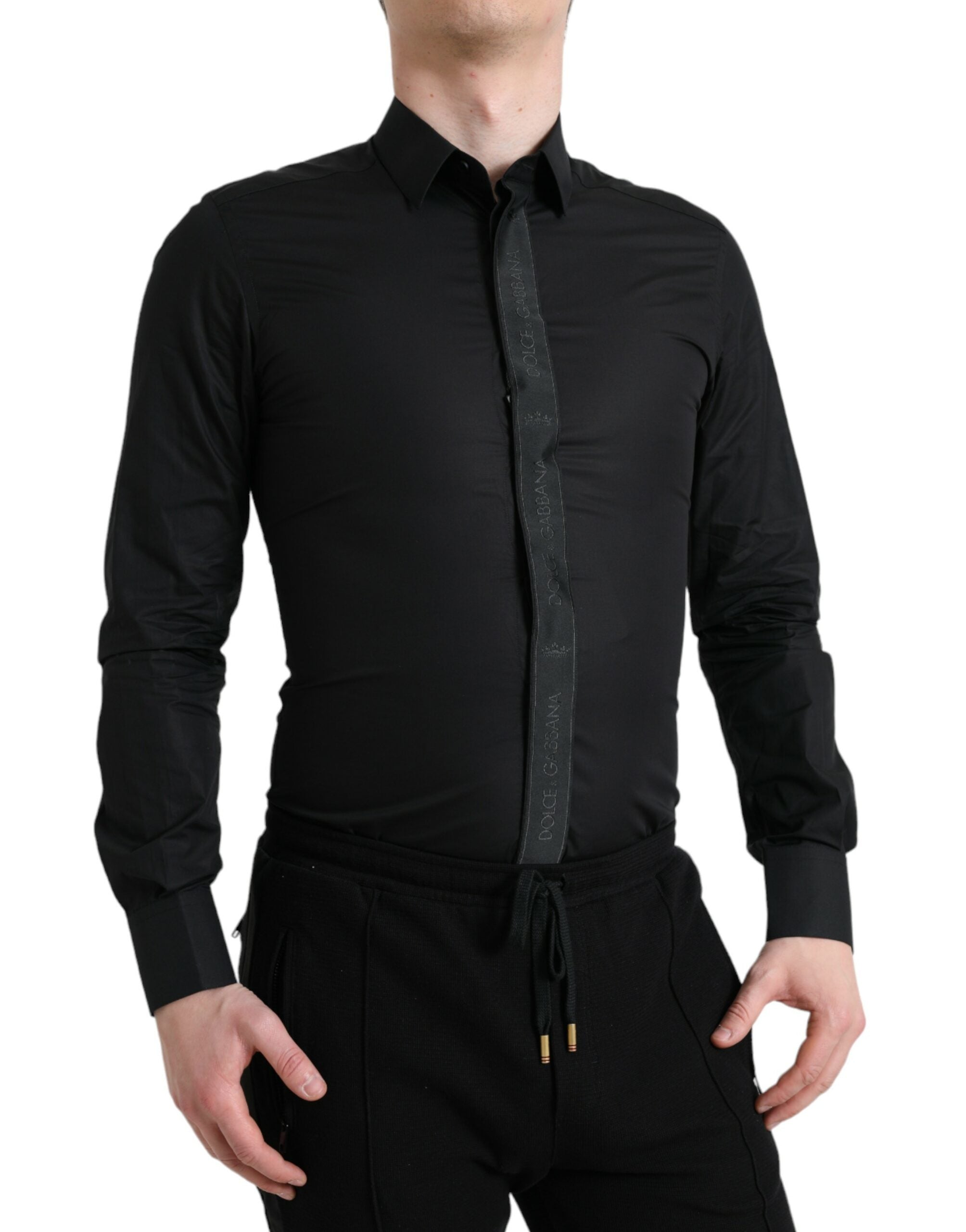 Dolce & Gabbana Black Logo Cotton Shirt GOLD Formal-2