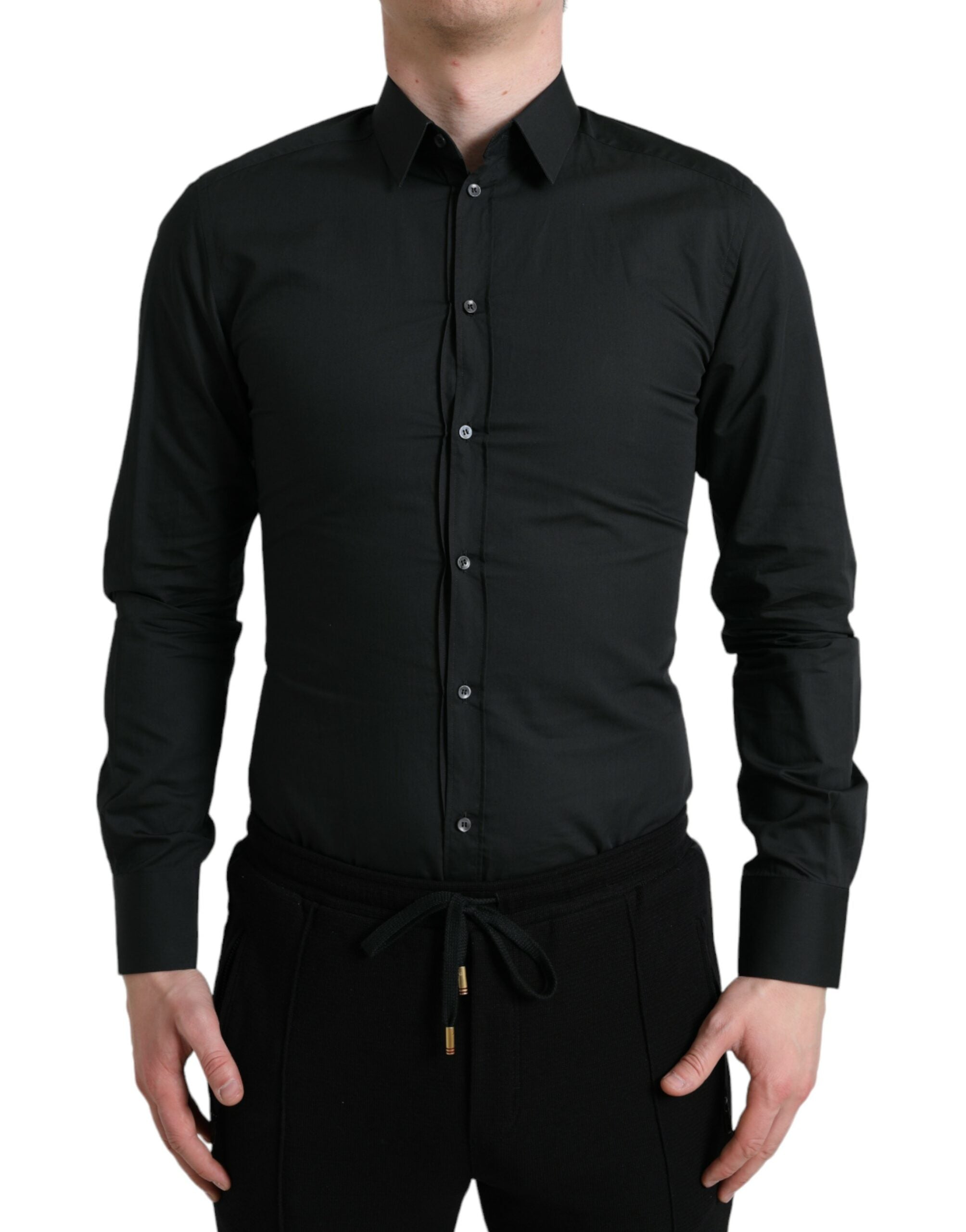 Camisa de vestir formal Dolce & Gabbana de algodón y seda negra dorada-1