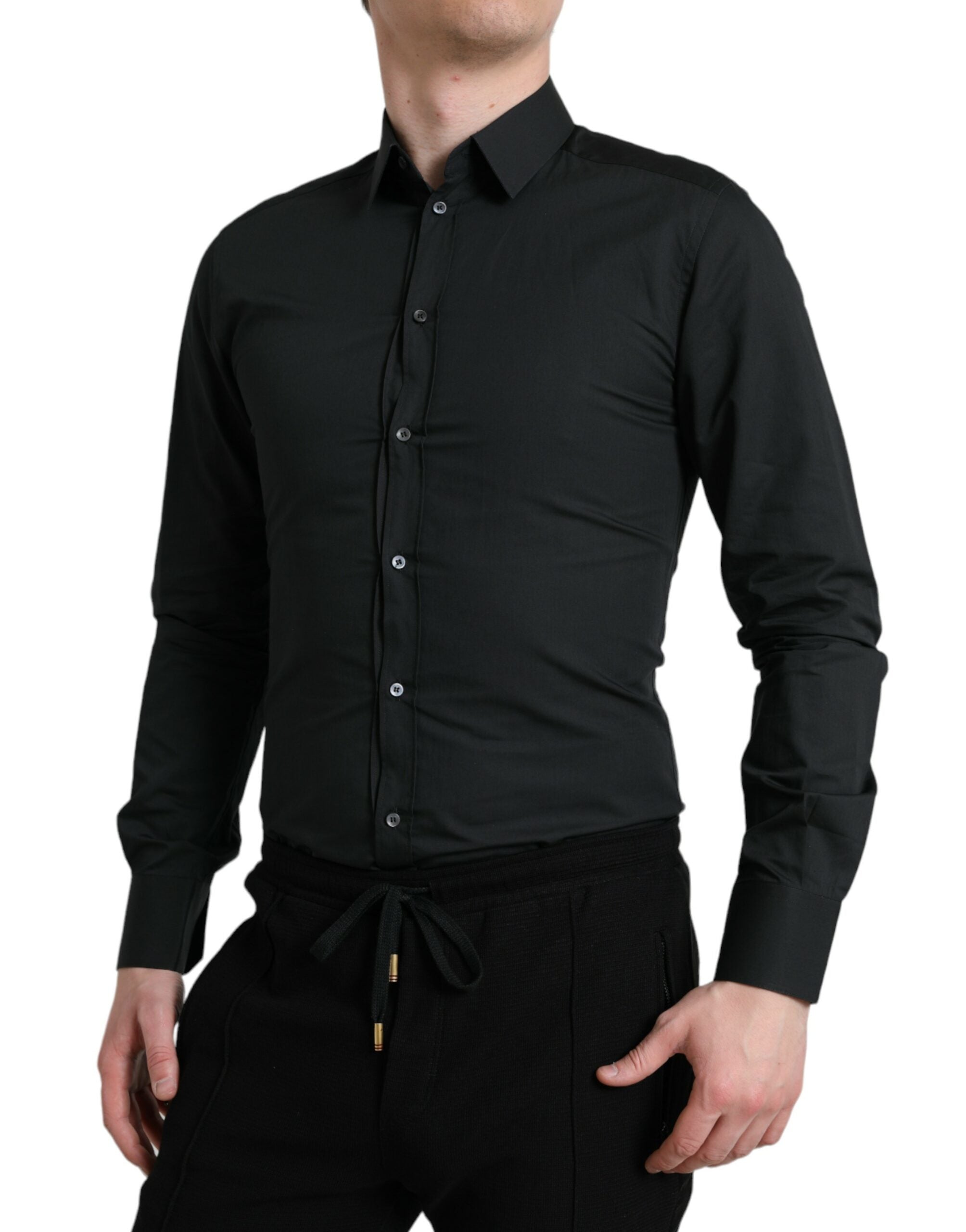 Camisa de vestir formal Dolce & Gabbana de algodón y seda negra dorada-2