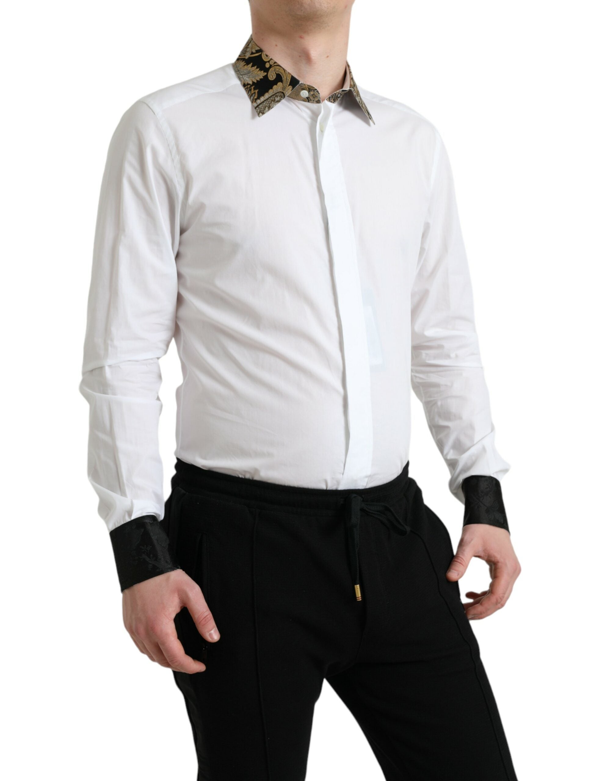 Dolce & Gabbana Weißes Jacquard-Baumwollhemd GOLD Formal Dress Shirt-2