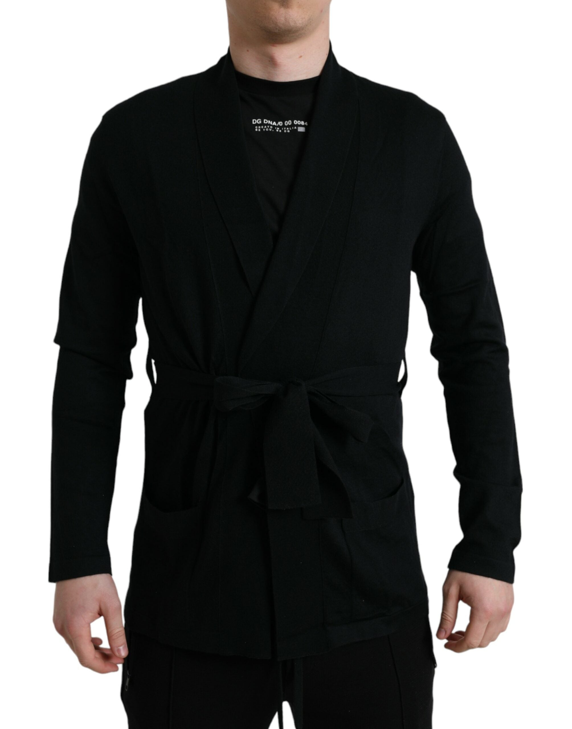 Dolce & Gabbana Schwarzer Kaschmir-Robenmantel mit Gürtel und langen Ärmeln-1
