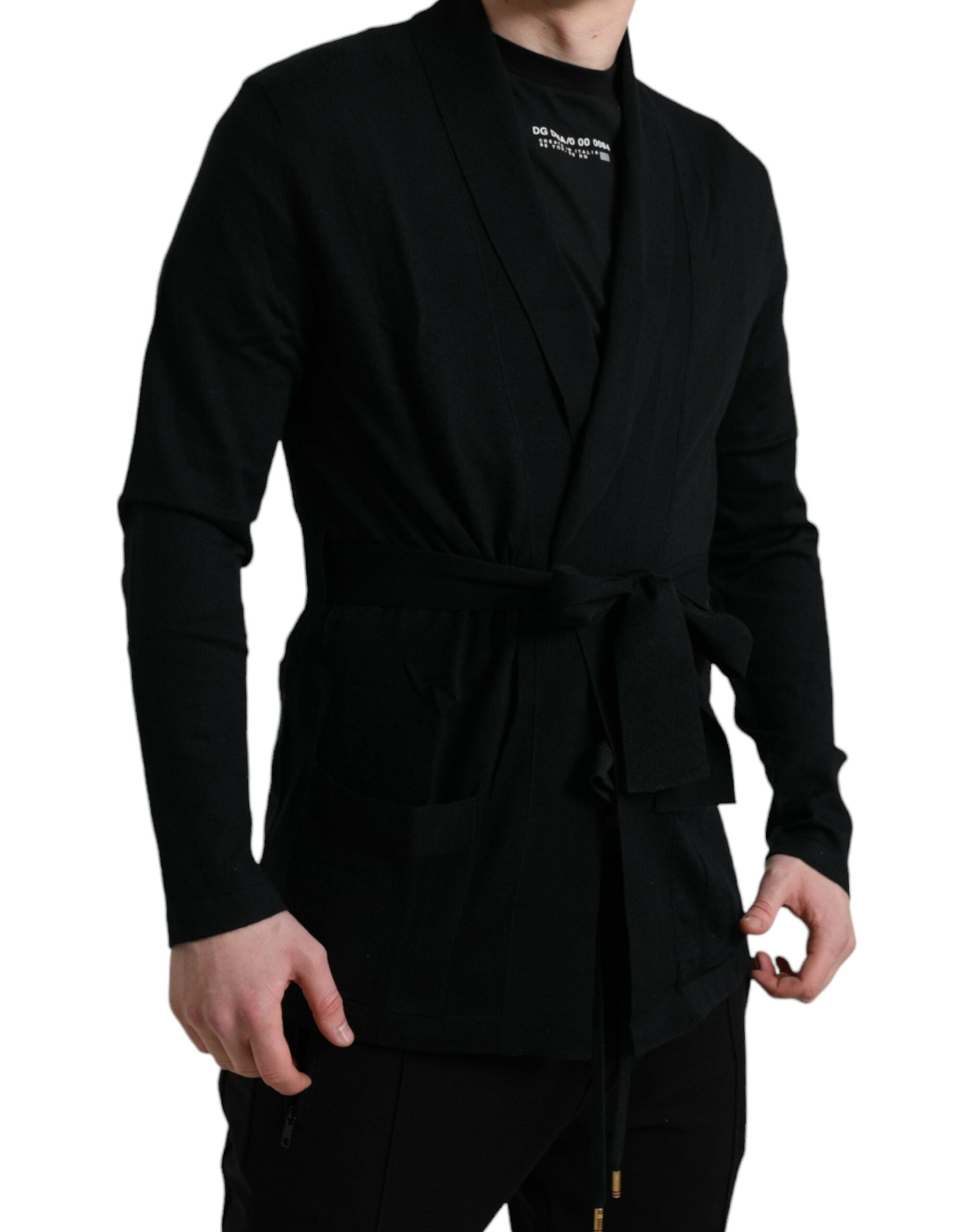 Dolce & Gabbana Schwarzer Kaschmir-Robenmantel mit Gürtel und langen Ärmeln-2