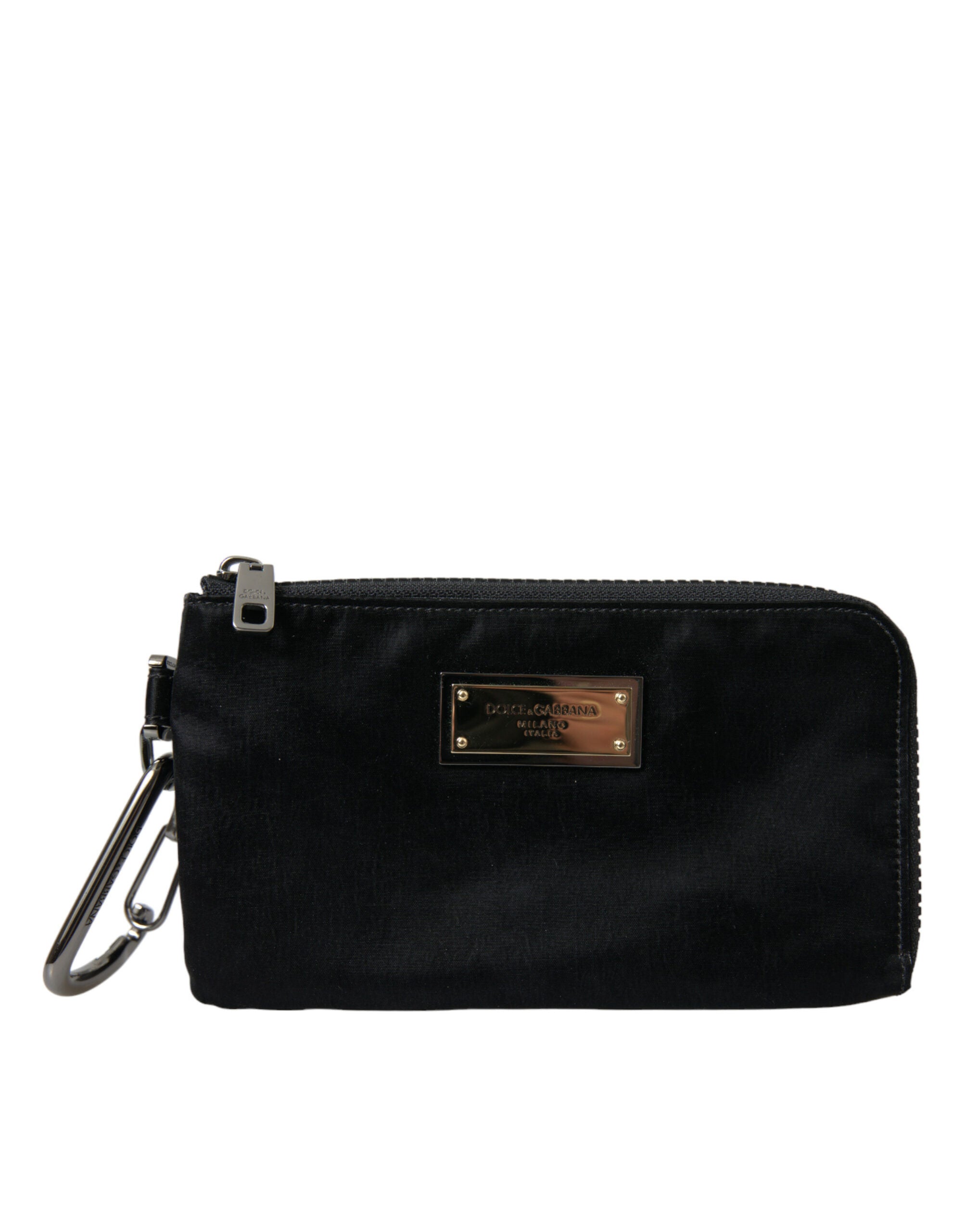 Dolce & Gabbana Schwarzes Nylon Logo Plaque Schlüsselanhänger Beutel Clutch Taschen-1