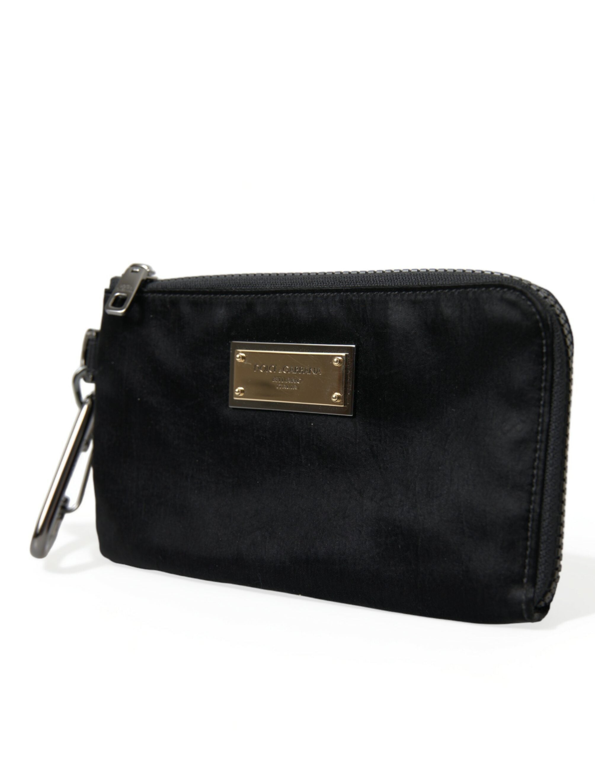 Dolce & Gabbana Schwarzes Nylon Logo Plaque Schlüsselanhänger Beutel Clutch Taschen-2