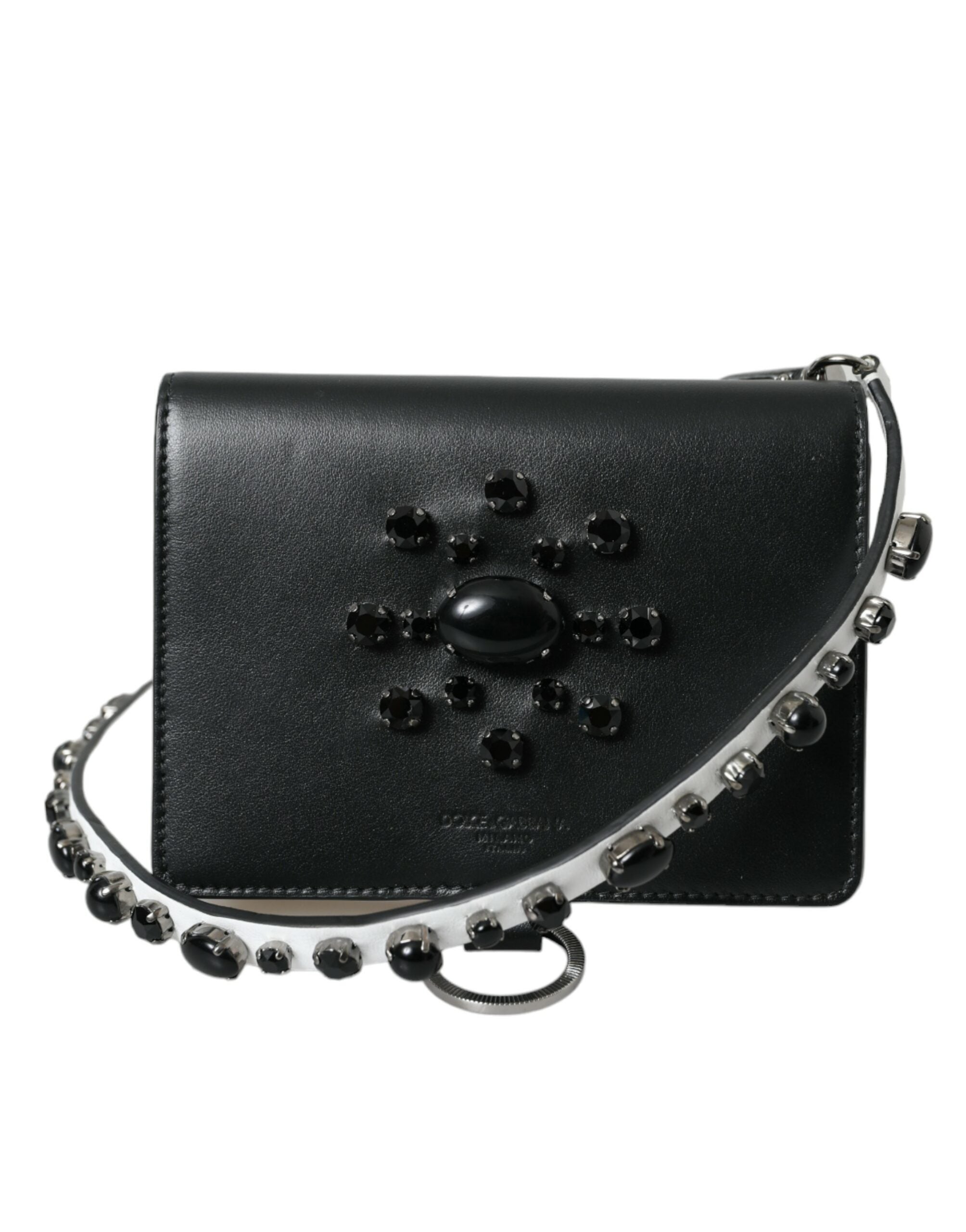 Dolce & Gabbana Black and White Leather Crystal Embellished Cardholder Wallet