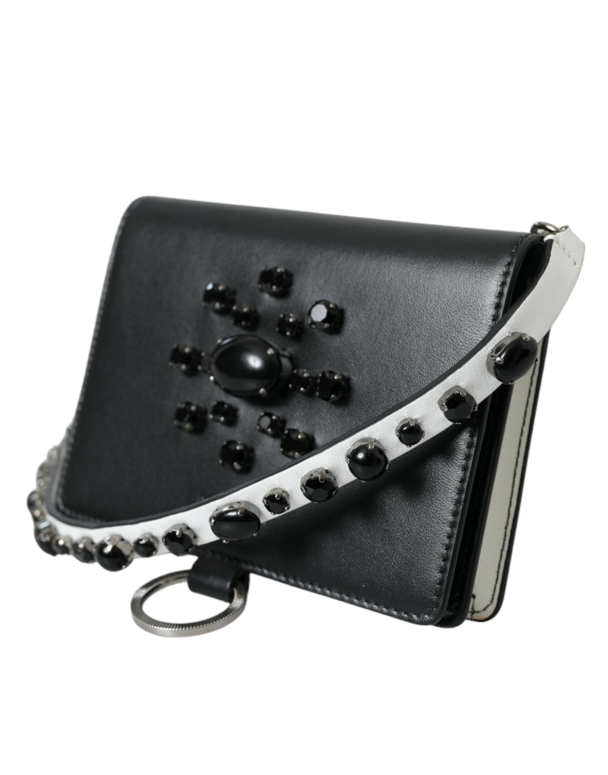 Dolce & Gabbana Schwarzes weißes Leder Crystal Embellished Cardholder Wallet-2