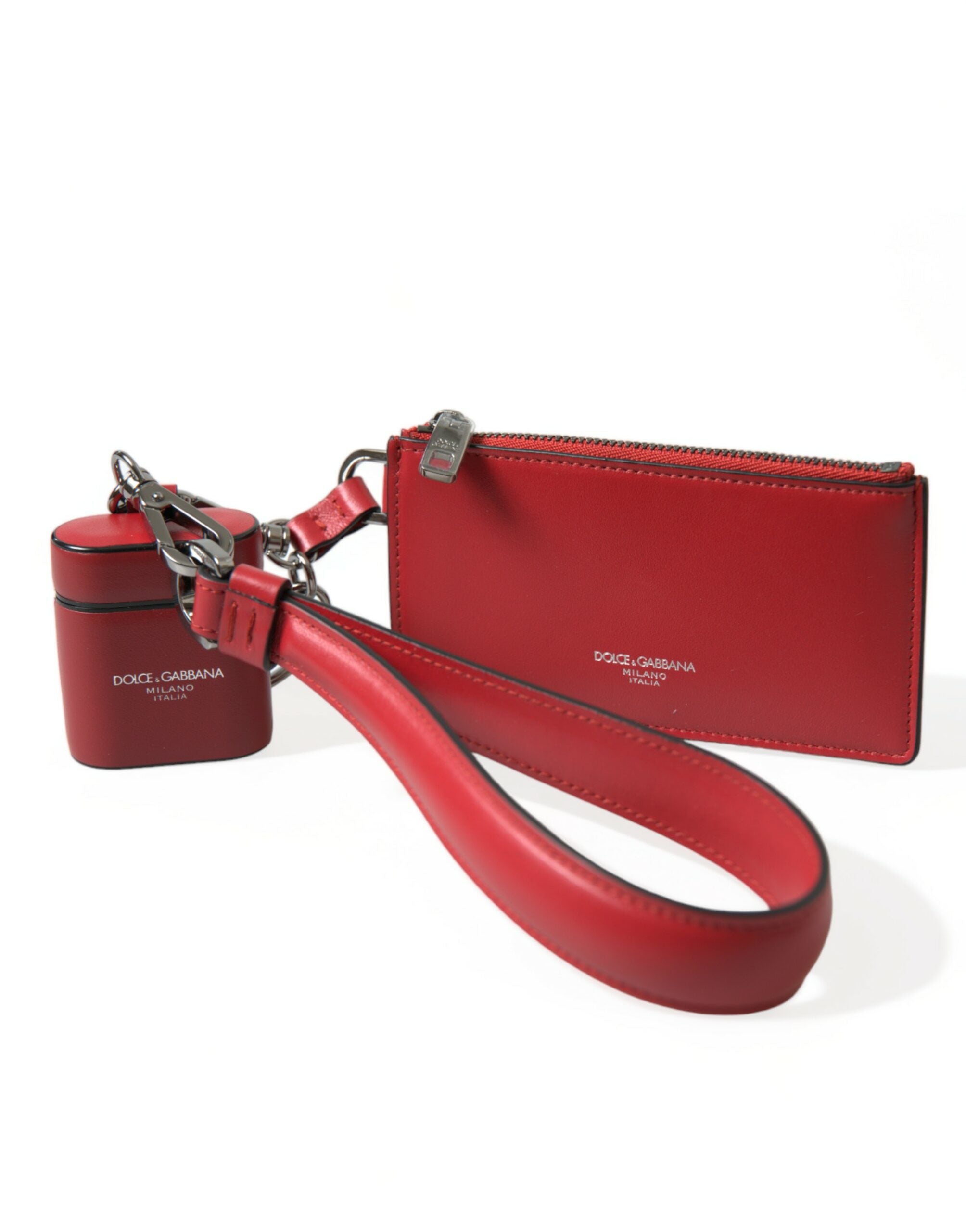 Dolce & Gabbana Rotes Leder Silber Metall Logo Riemen Tasche Airpods Fall-1