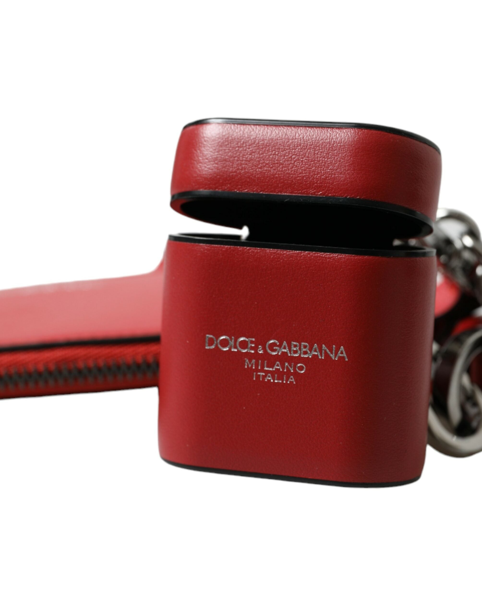 Dolce & Gabbana Rotes Leder Silber Metall Logo Riemen Tasche Airpods Fall-4