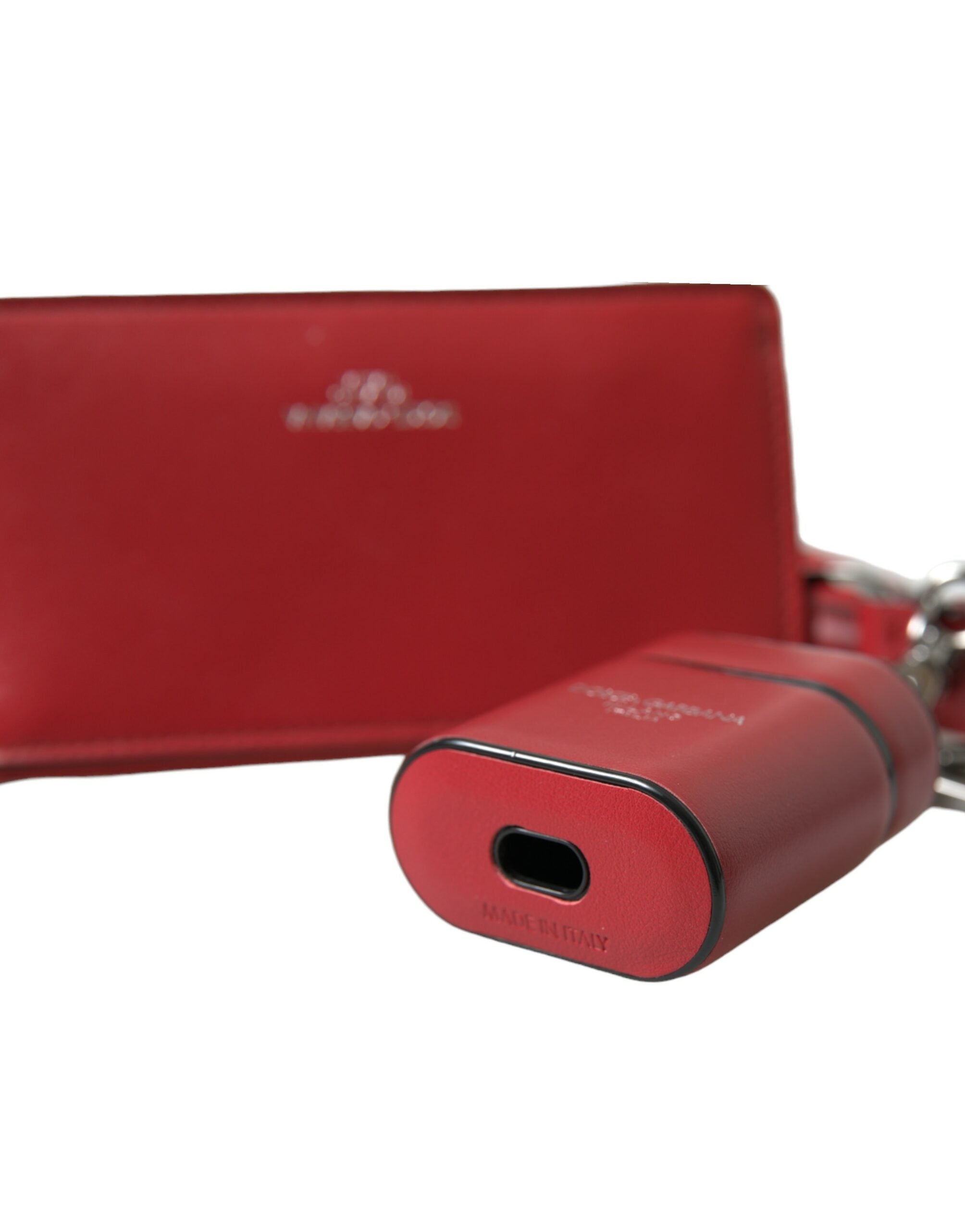 Dolce & Gabbana Rotes Leder Silber Metall Logo Riemen Tasche Airpods Fall-5