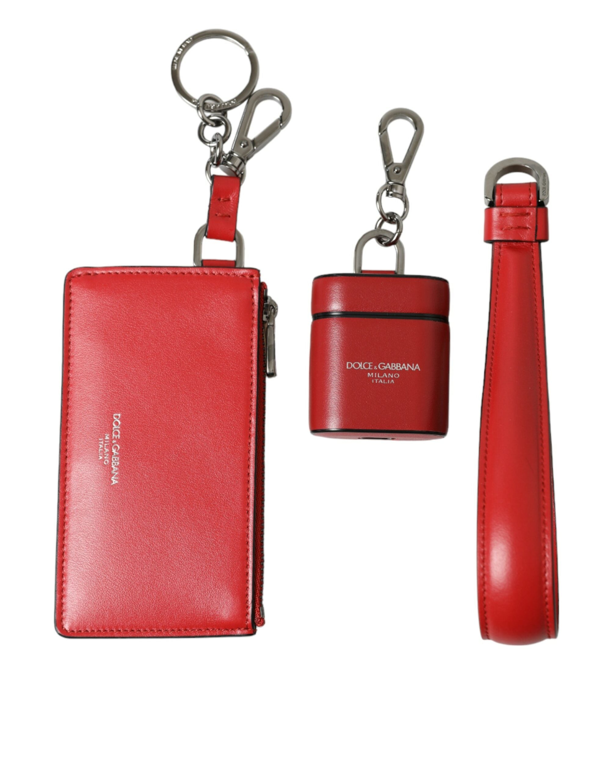 Dolce & Gabbana Rotes Leder Silber Metall Logo Riemen Tasche Airpods Fall-7