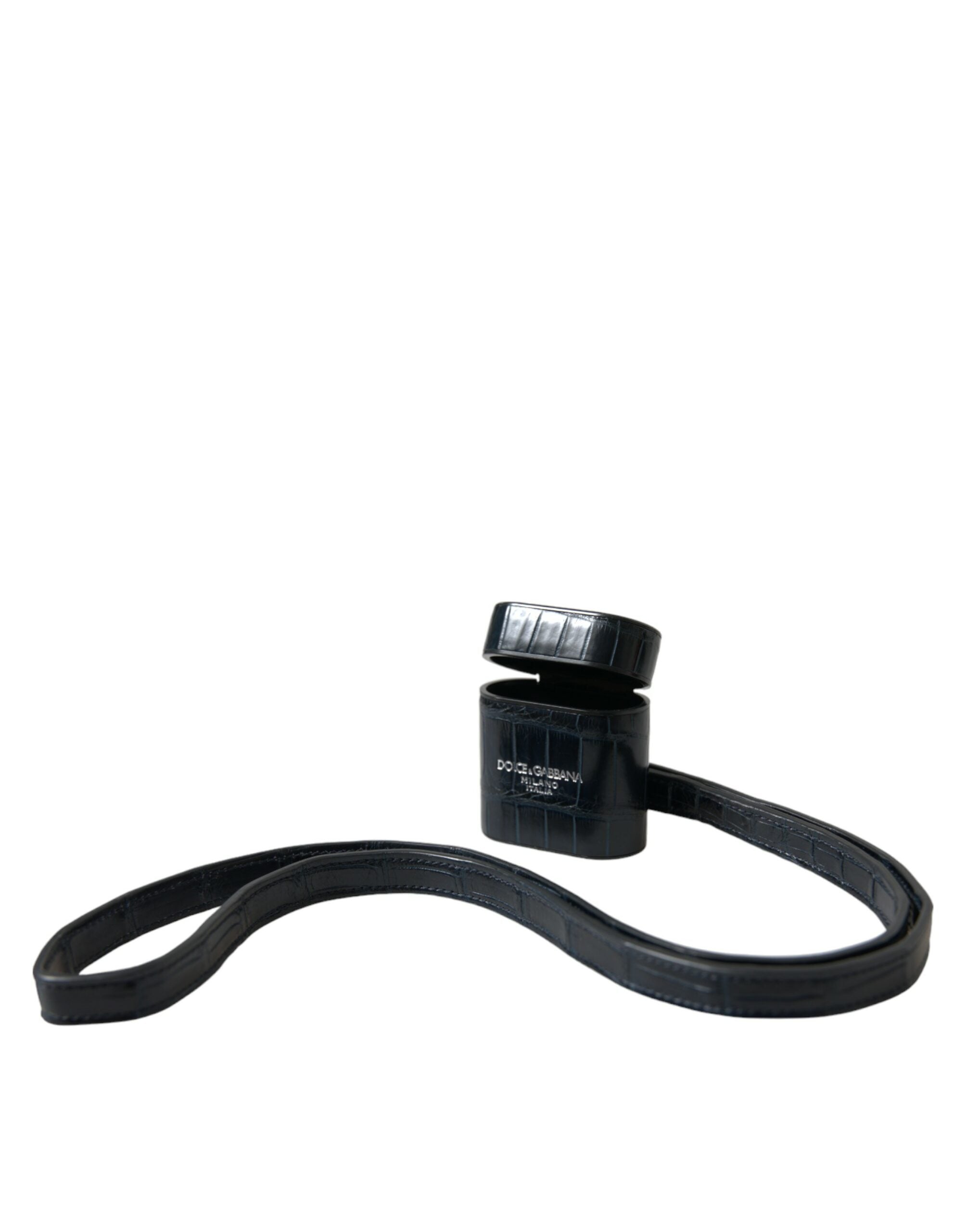 Dolce & Gabbana Black Crocodile Leather Silver Metal Logo AirPods Case
